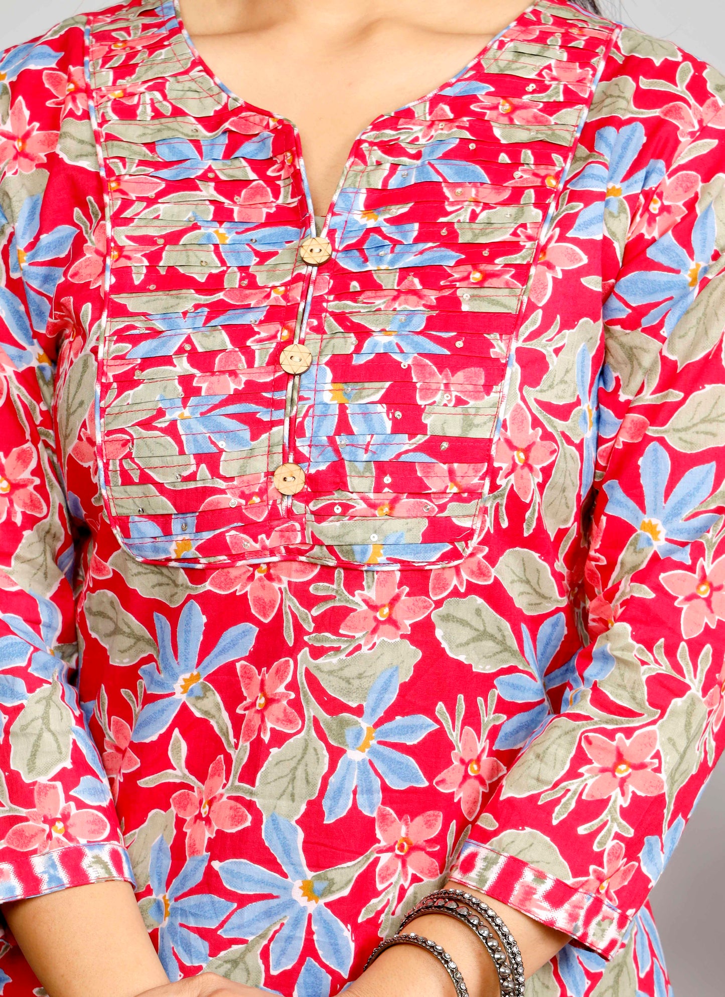 Bright Red & Blue Floral Kurta Set with Tie-Dye Inspired Dupatta – Festive Fusion Elegance