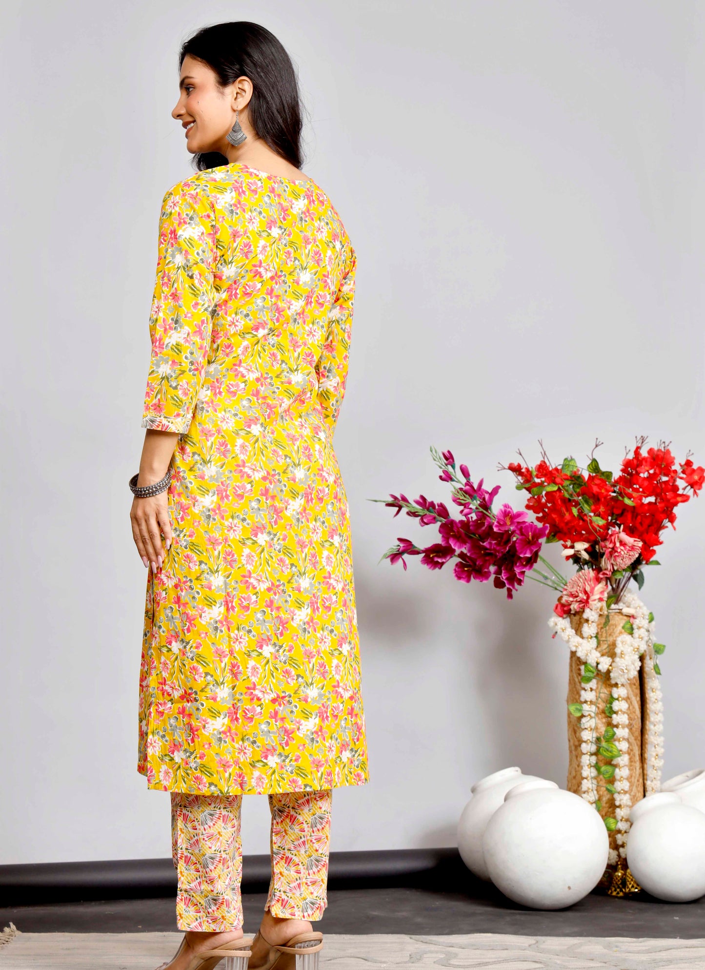 Bright Yellow Floral Printed Cotton Kurta Set with Dupatta for Women