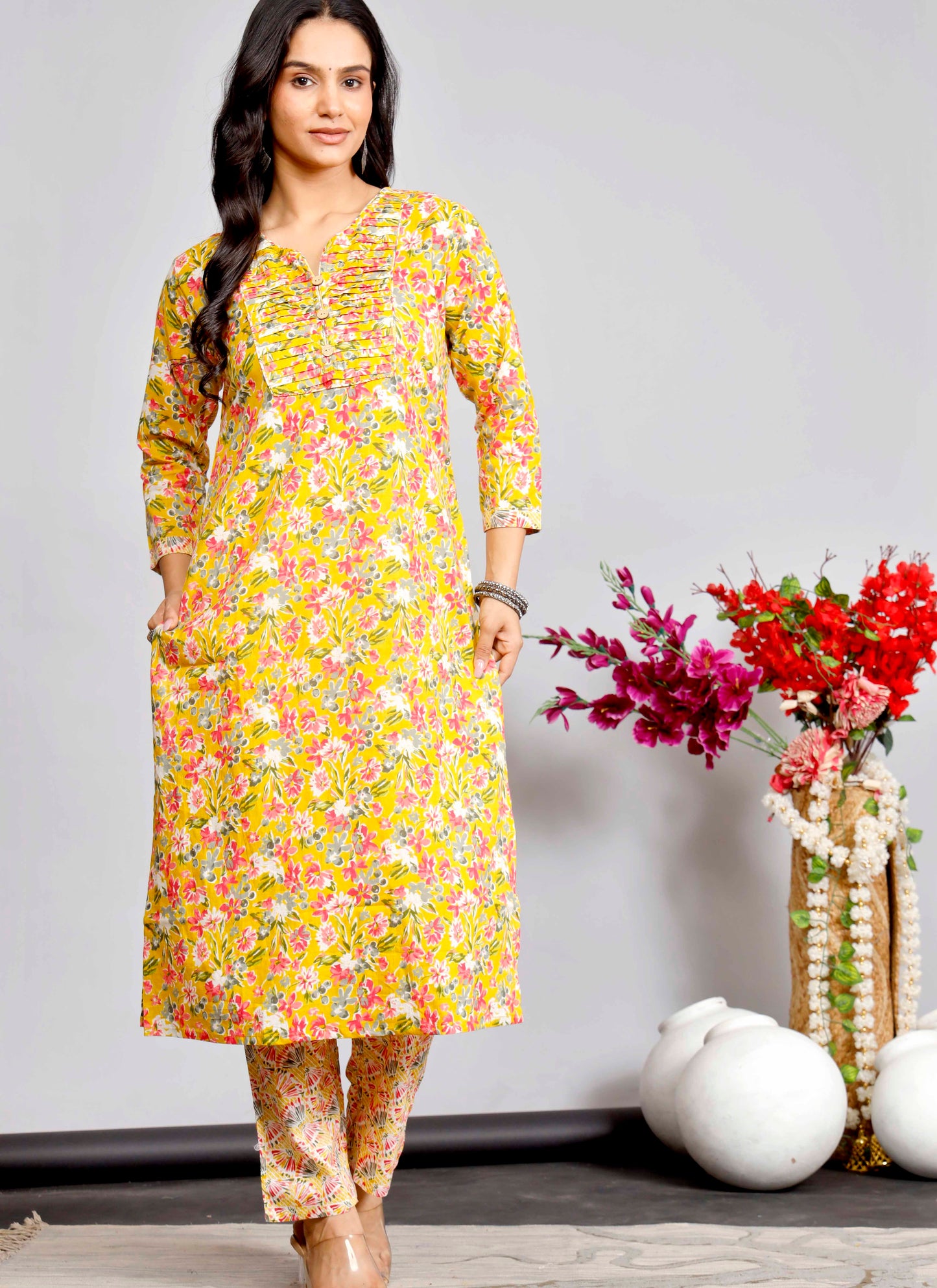 Bright Yellow Floral Printed Cotton Kurta Set with Dupatta for Women
