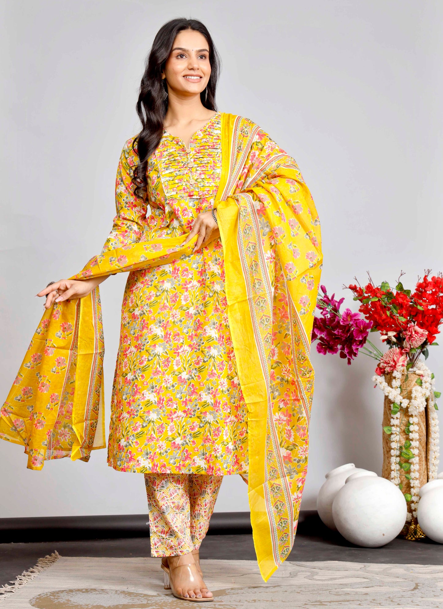 Bright Yellow Floral Printed Cotton Kurta Set with Dupatta for Women