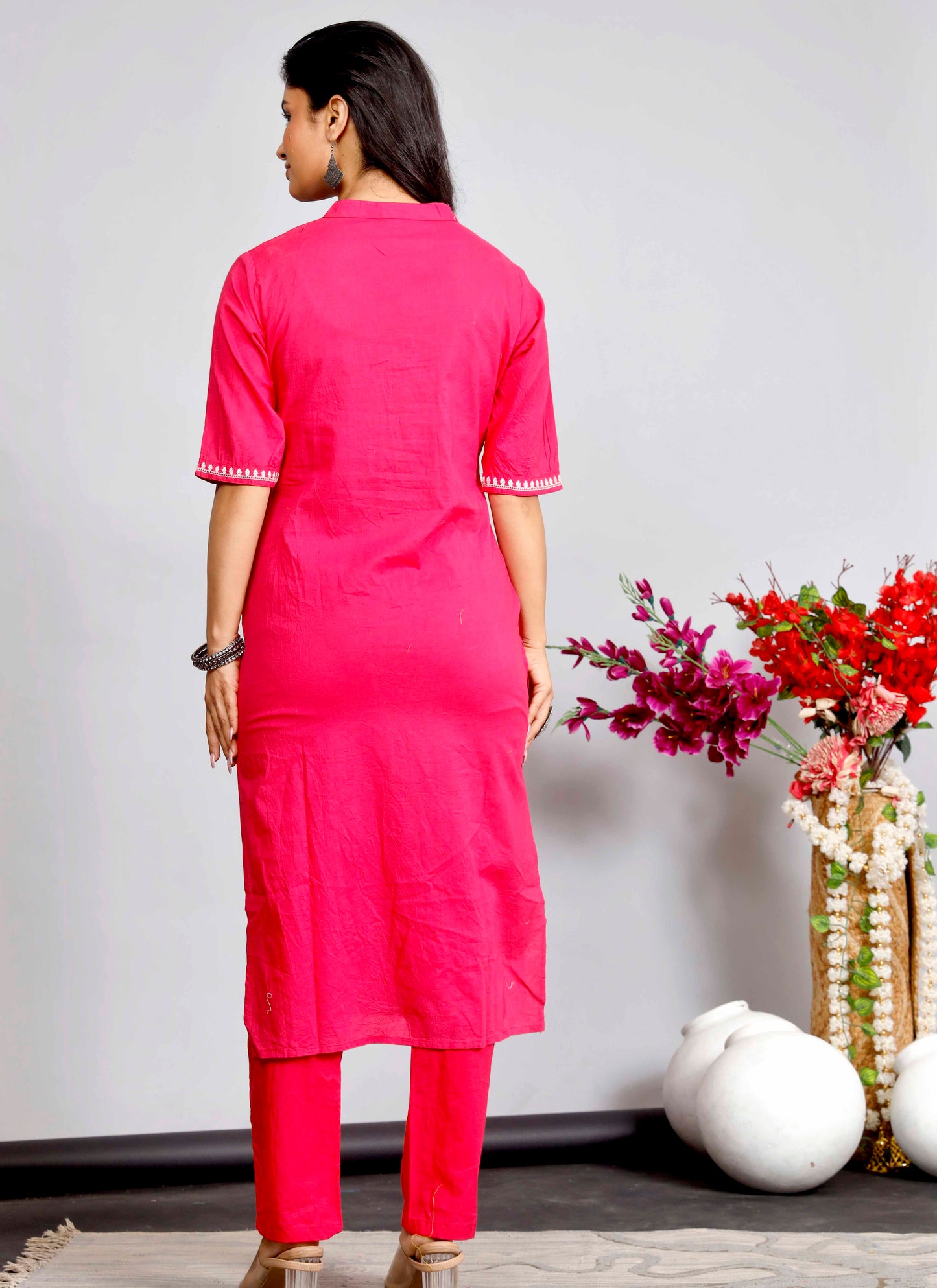 Elegant Pink Cotton Kurta Set with White Embroidery for Women