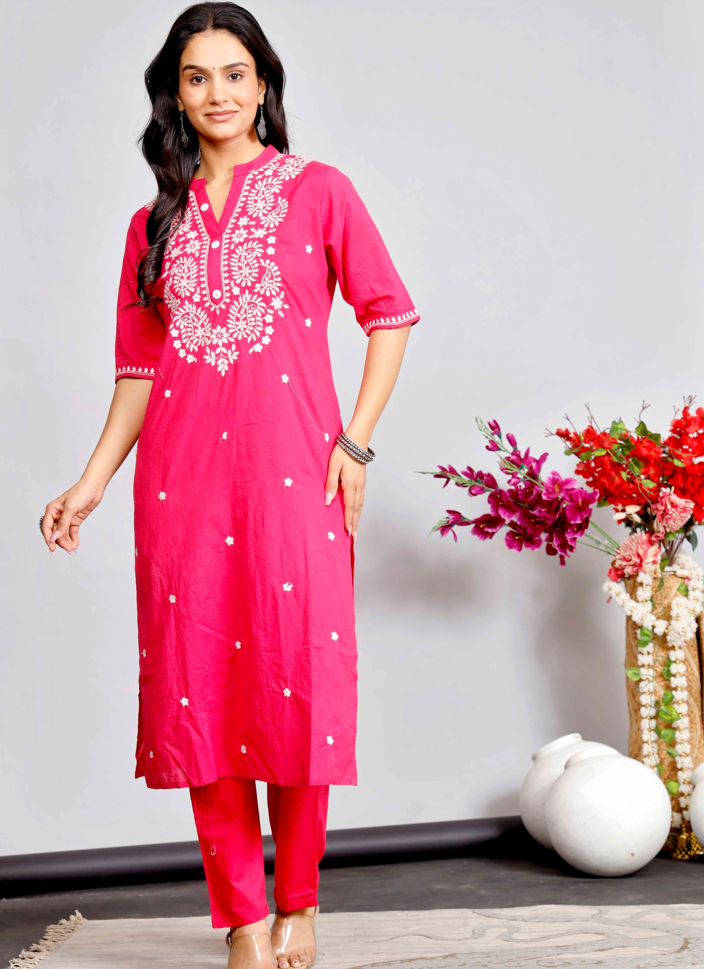 Elegant Pink Cotton Kurta Set with White Embroidery for Women