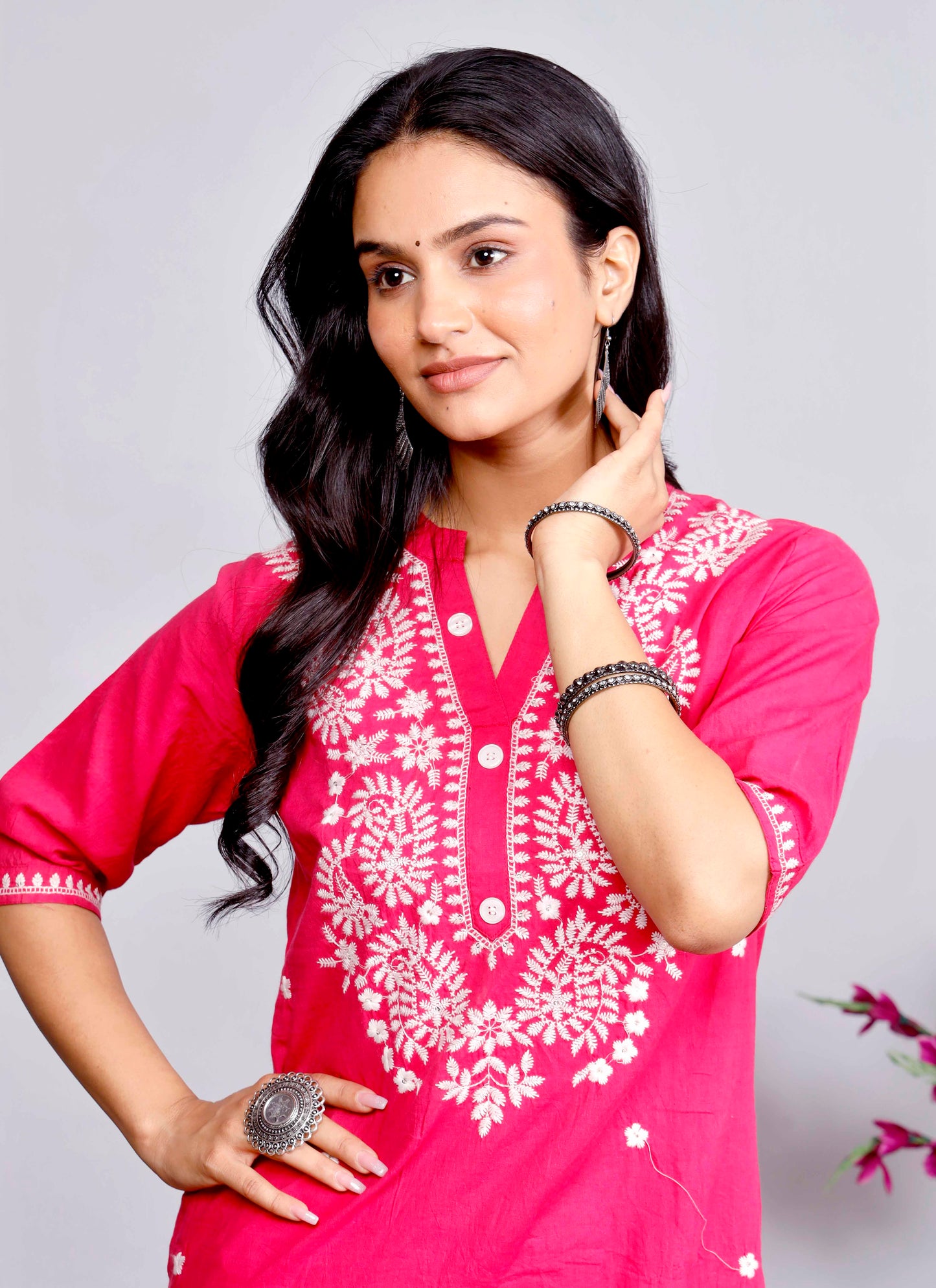 Elegant Pink Cotton Kurta Set with White Embroidery for Women