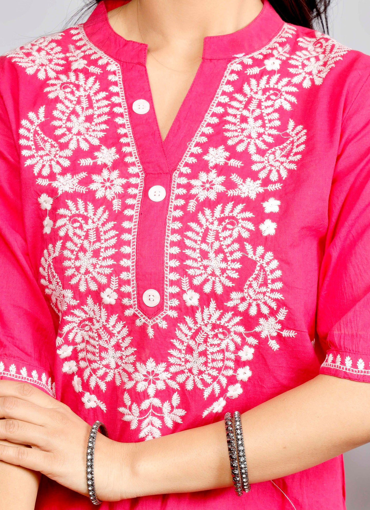 Elegant Pink Cotton Kurta Set with White Embroidery for Women