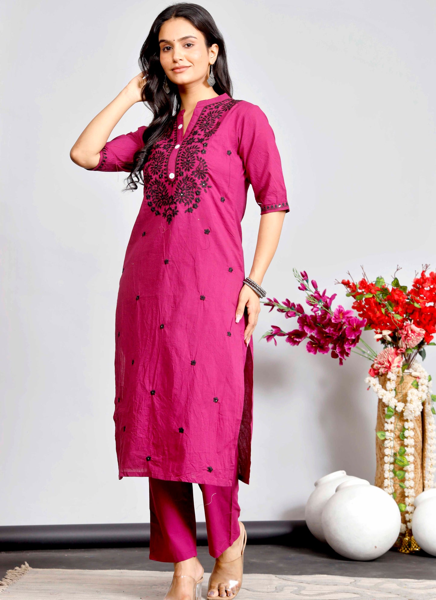 Magenta Cotton Kurta Set with Black Thread Embroidery for Women