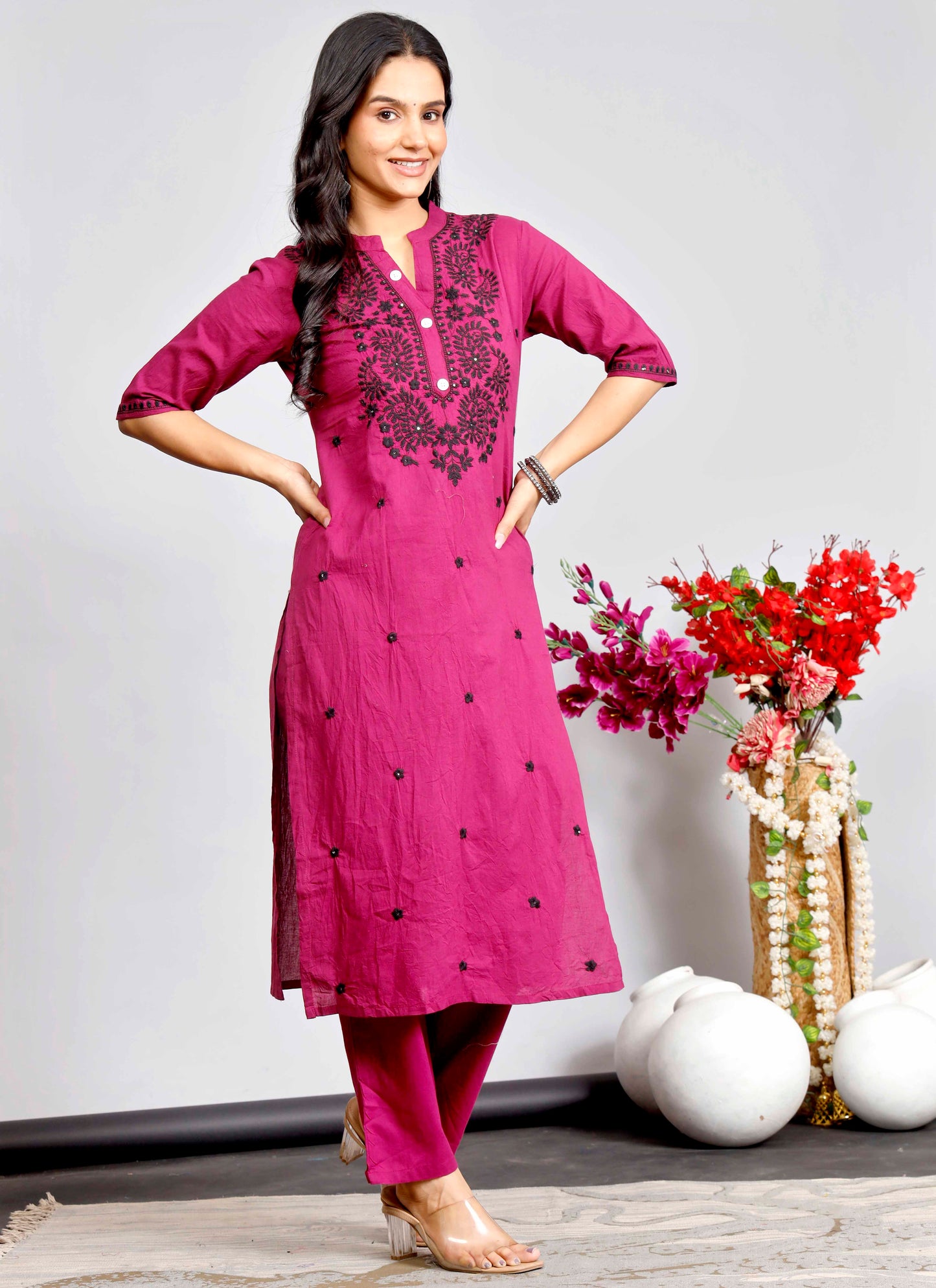 Magenta Cotton Kurta Set with Black Thread Embroidery for Women