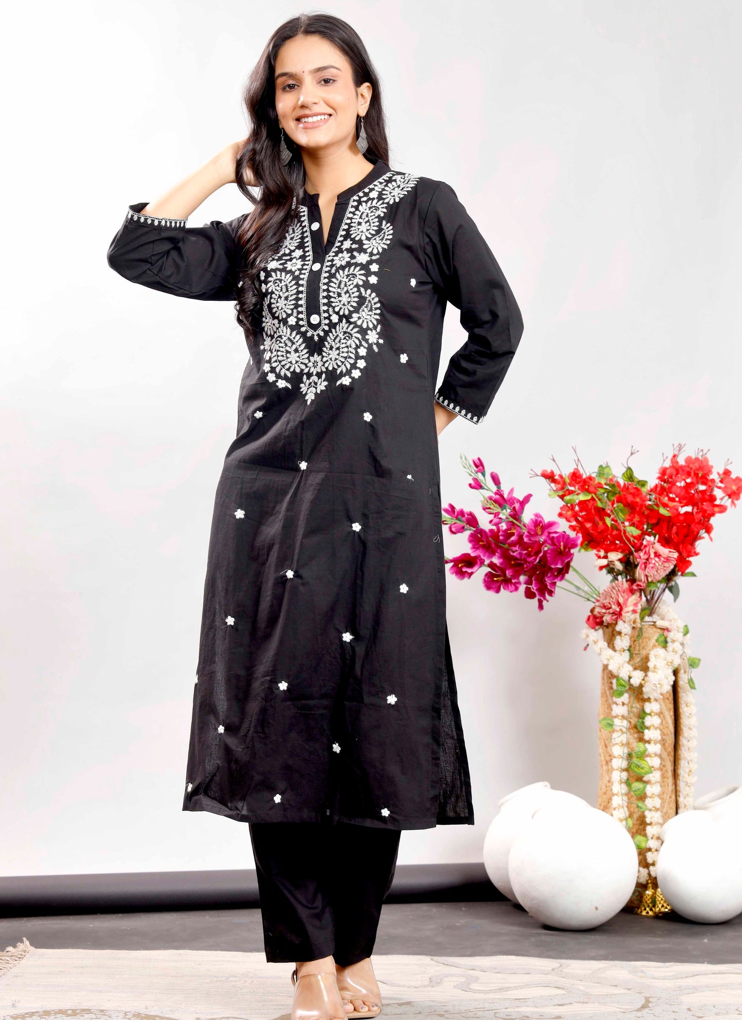 Black Cotton Kurta Set with White Floral Thread Embroidery for Women