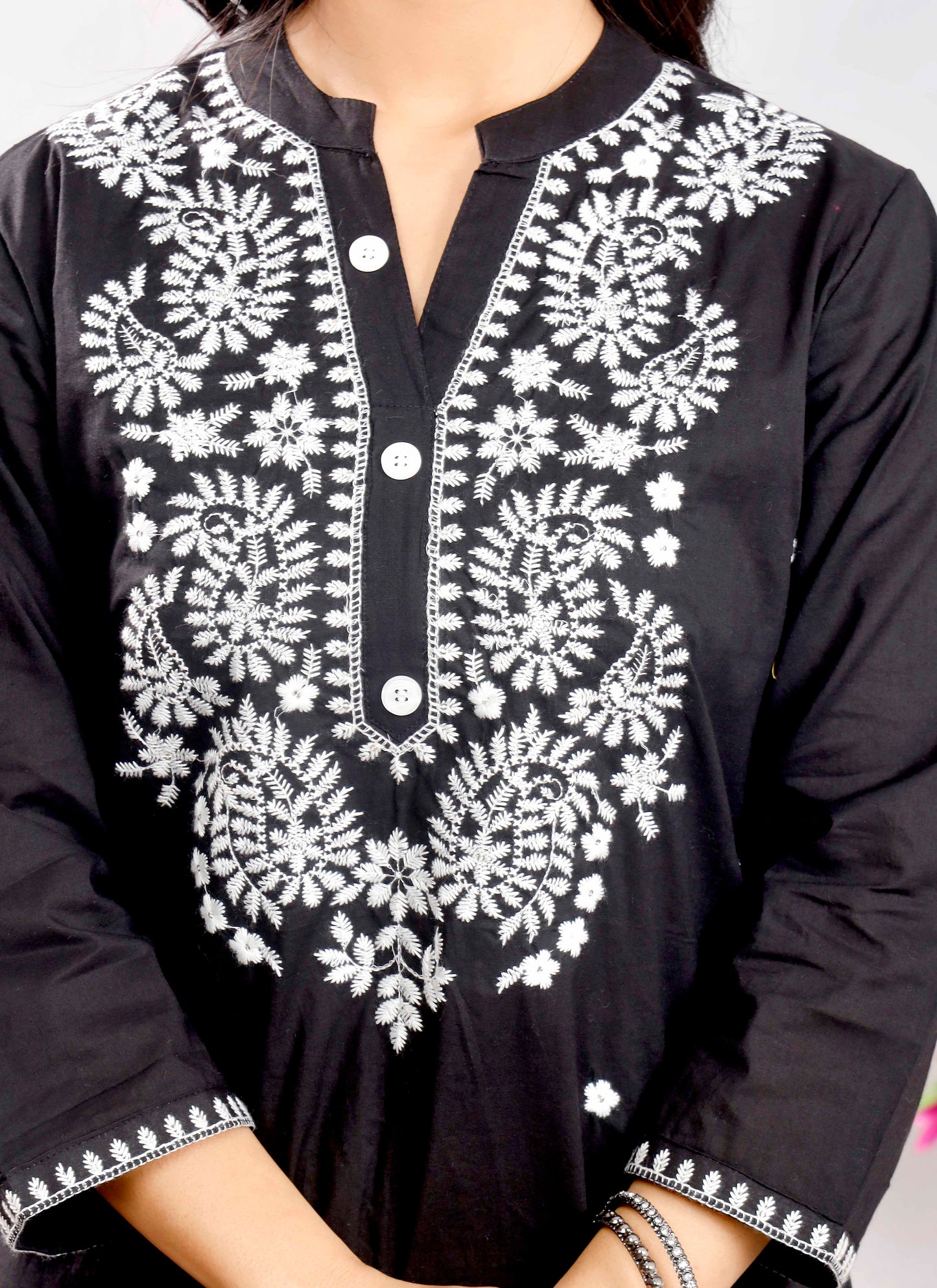 Black Cotton Kurta Set with White Floral Thread Embroidery for Women