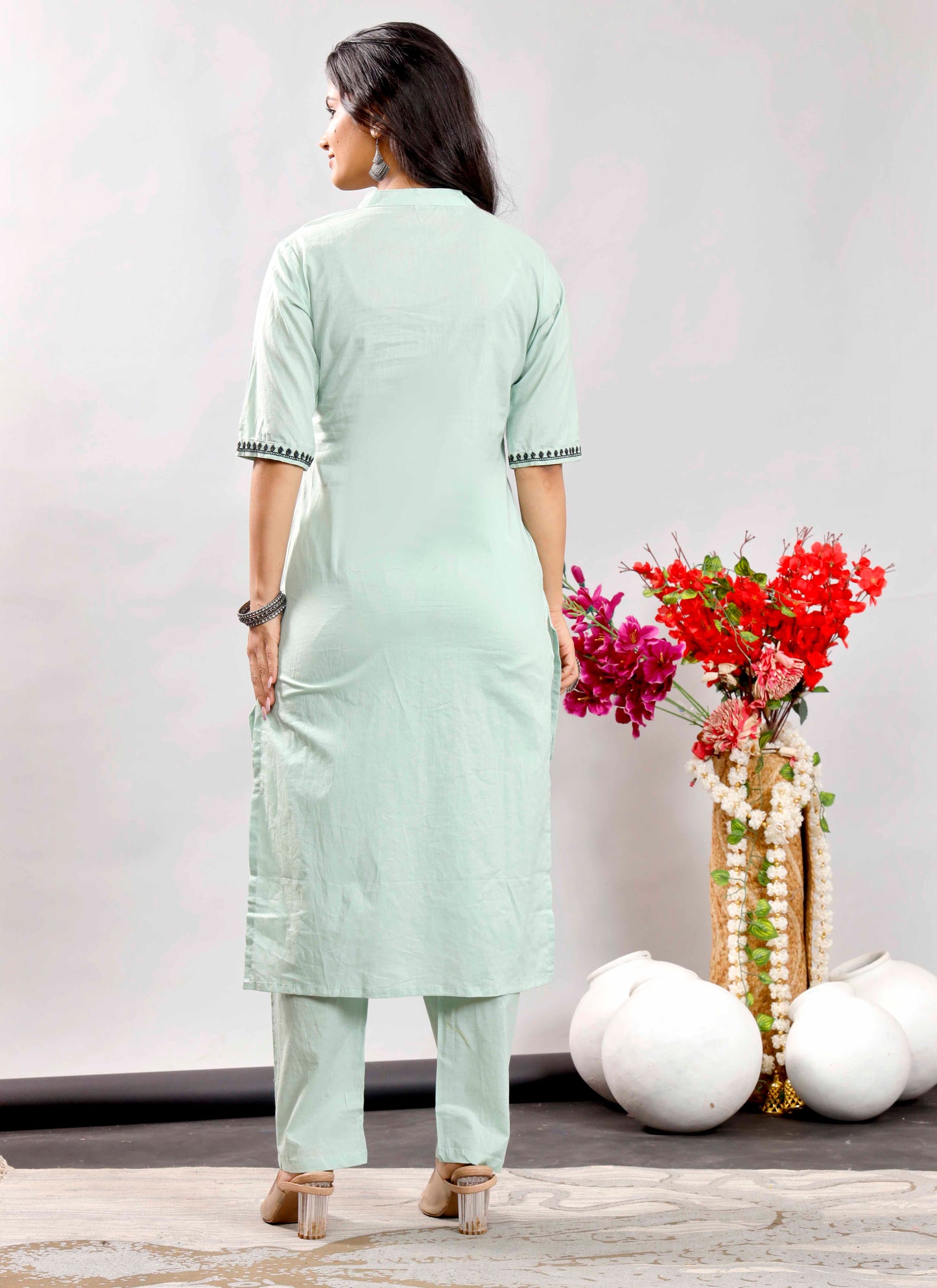 Mint Green Cotton Kurta Set with Black Floral Embroidery for Women