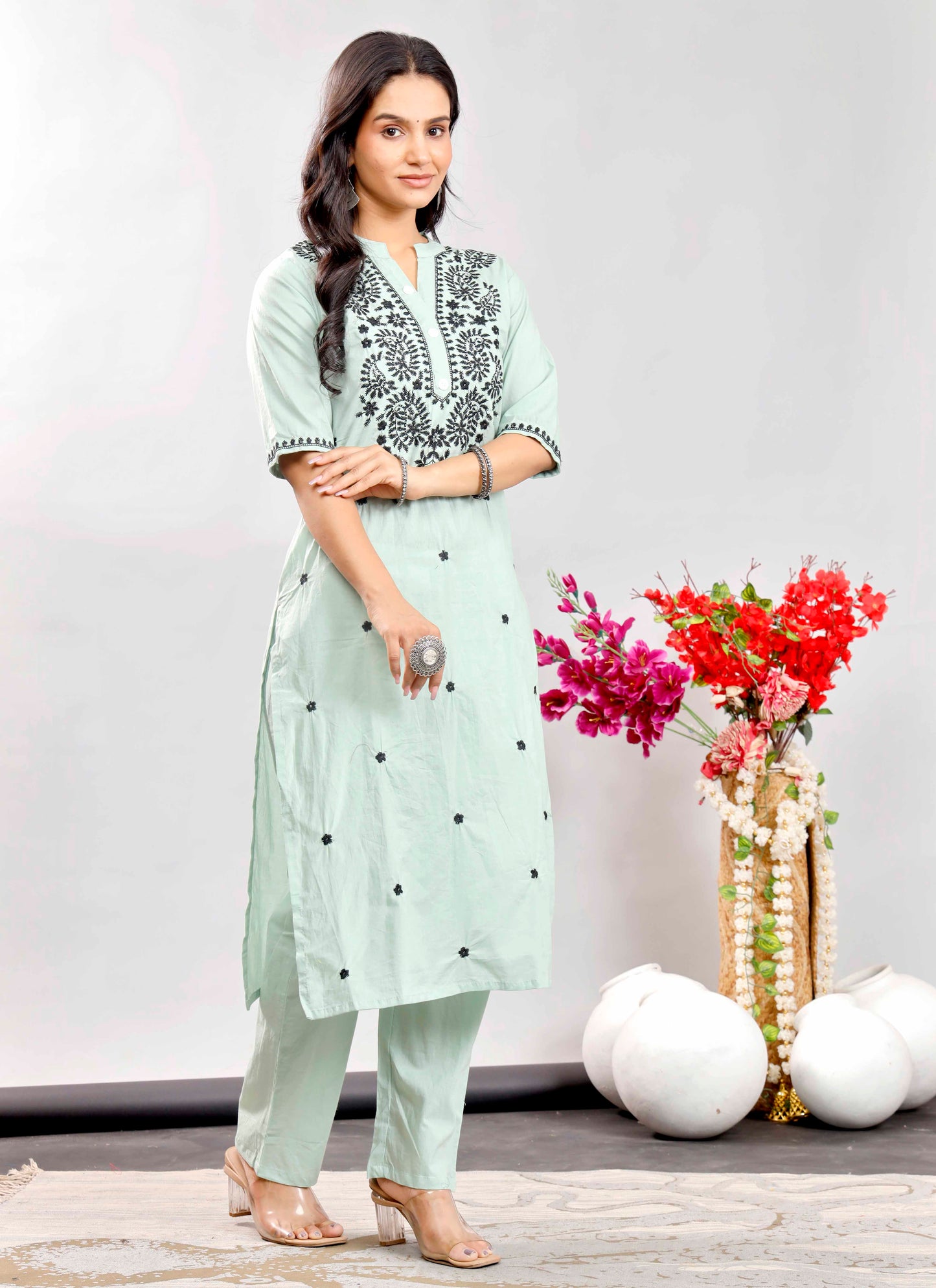 Mint Green Cotton Kurta Set with Black Floral Embroidery for Women
