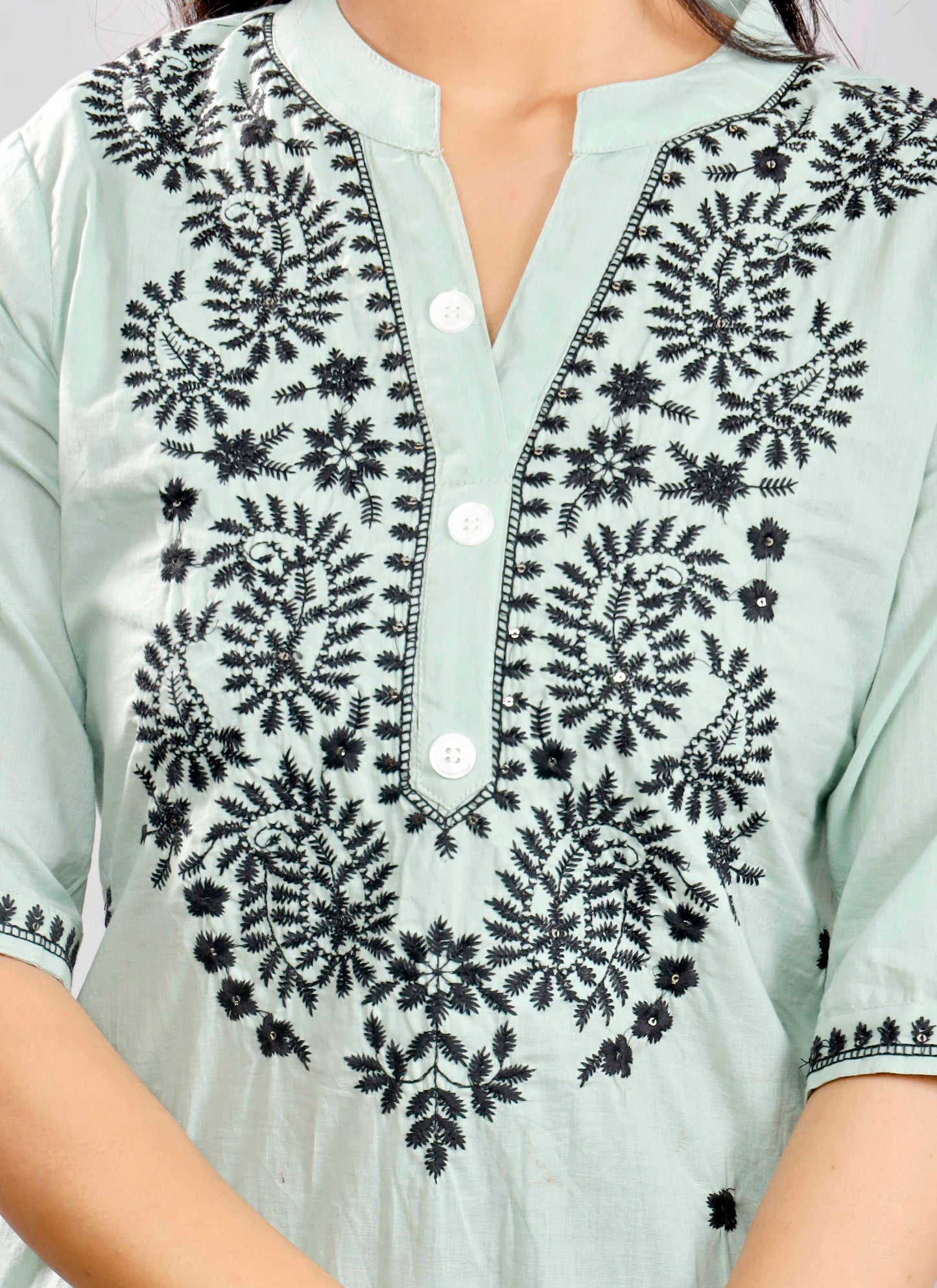Mint Green Cotton Kurta Set with Black Floral Embroidery for Women