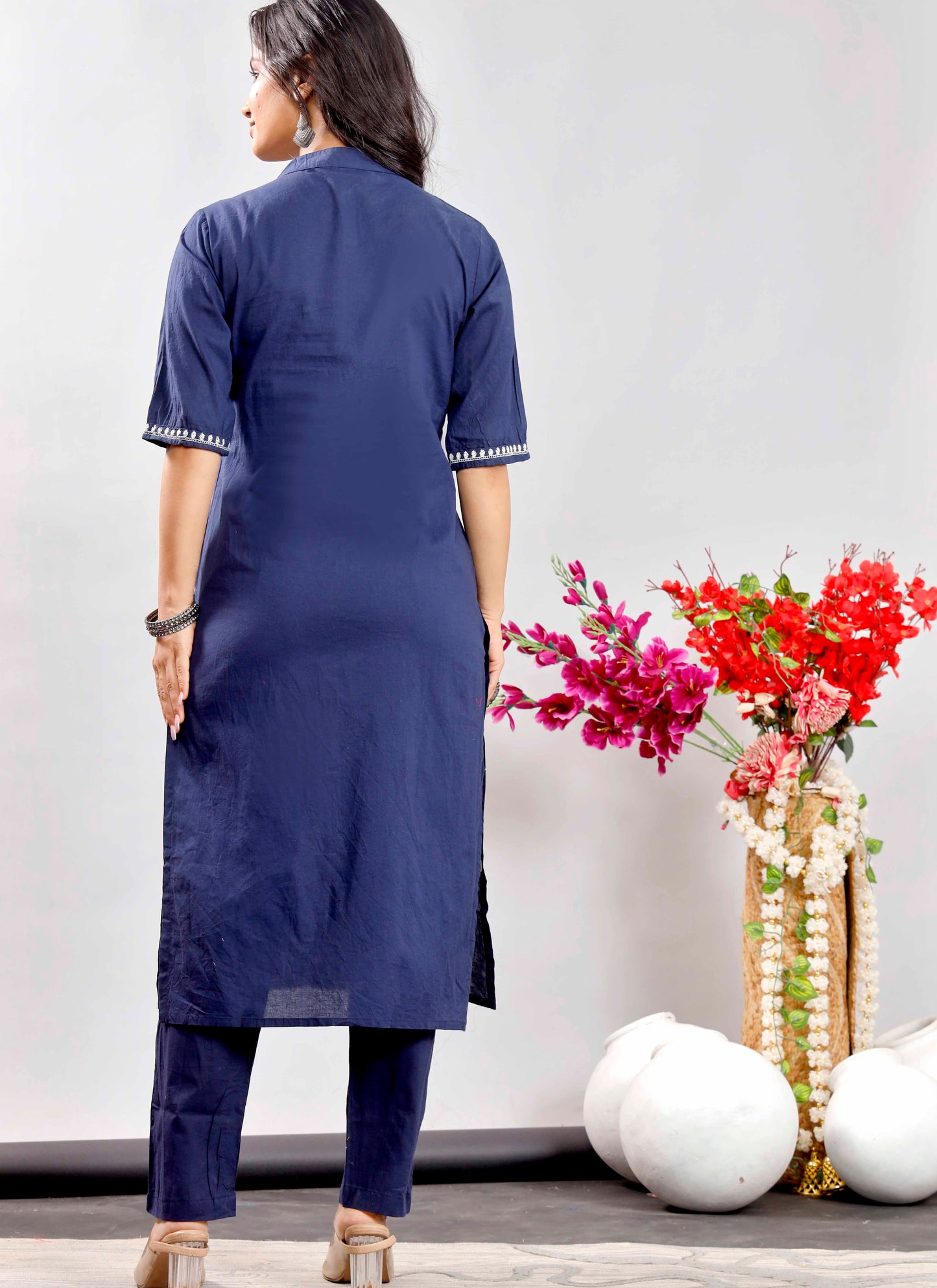 Navy Blue Cotton Kurta Set with White Floral Embroidery for Women