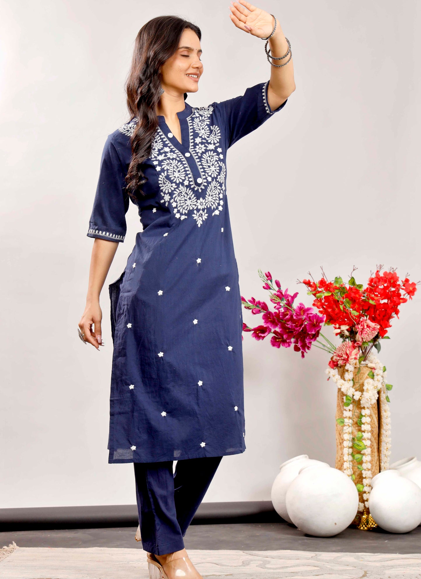 Navy Blue Cotton Kurta Set with White Floral Embroidery for Women