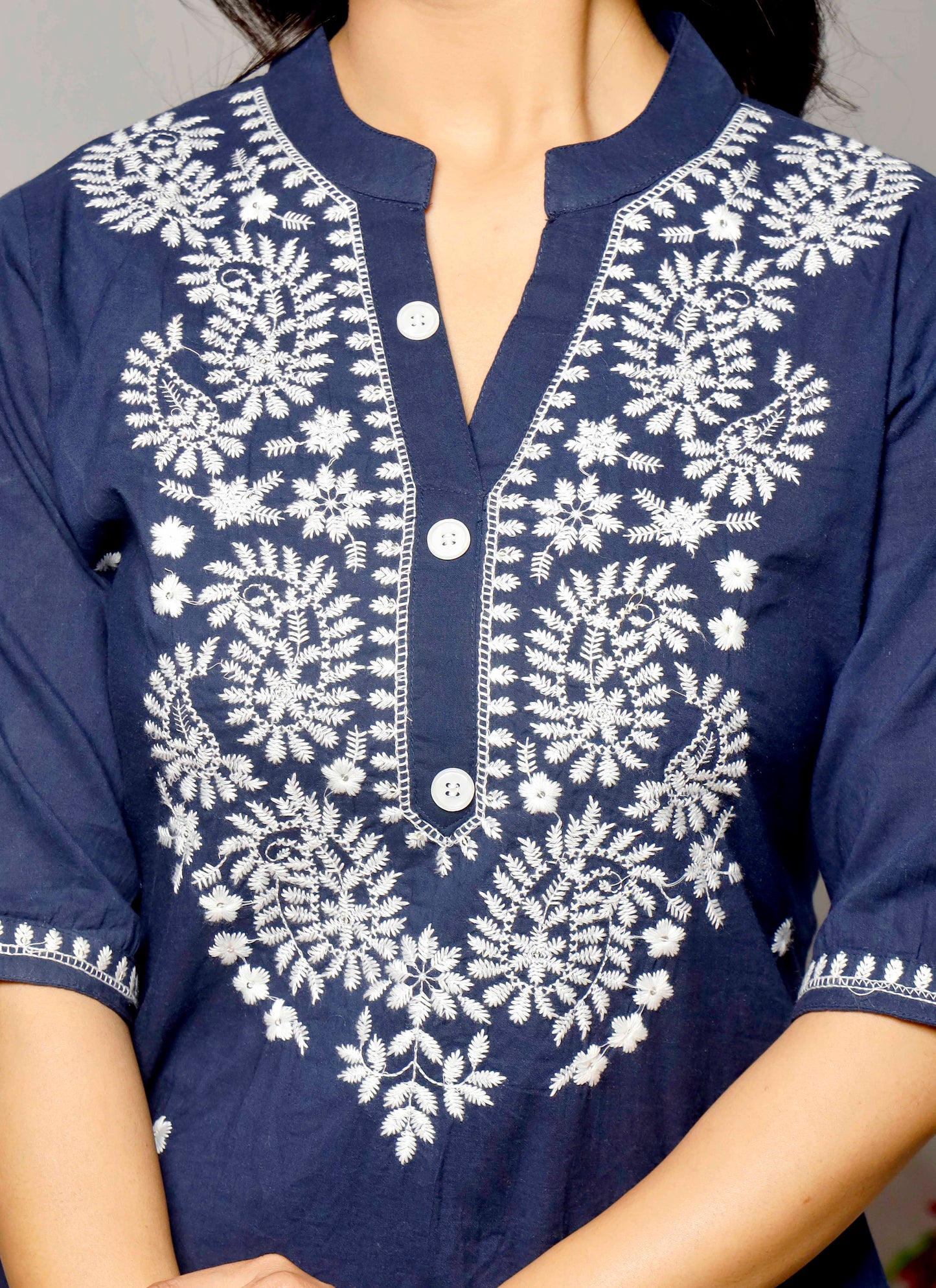 Navy Blue Cotton Kurta Set with White Floral Embroidery for Women