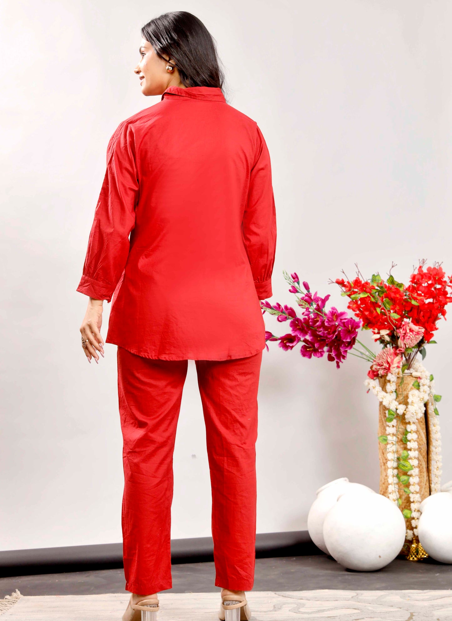 Red Co-ord Set with White Floral Embroidery – Cotton Casual Shirt & Pant Set for Women