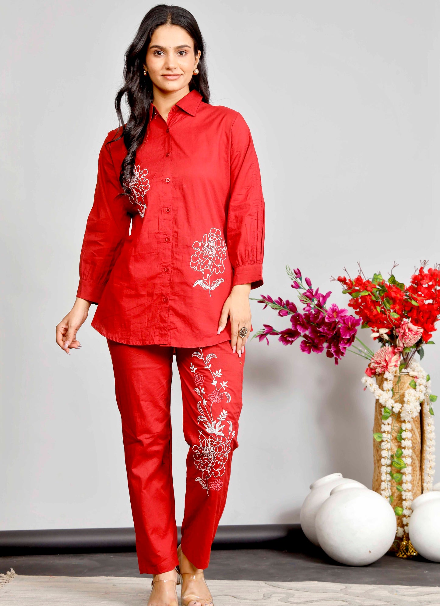 Red Co-ord Set with White Floral Embroidery – Cotton Casual Shirt & Pant Set for Women
