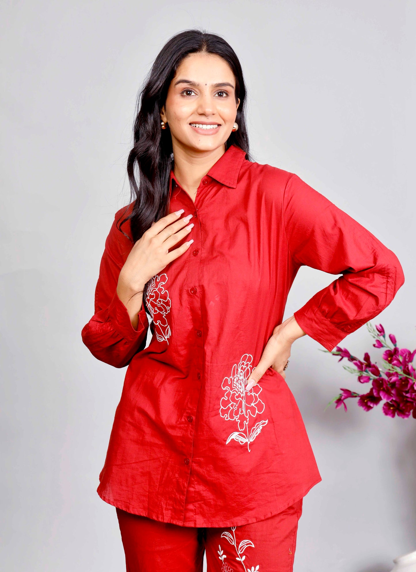 Red Co-ord Set with White Floral Embroidery – Cotton Casual Shirt & Pant Set for Women
