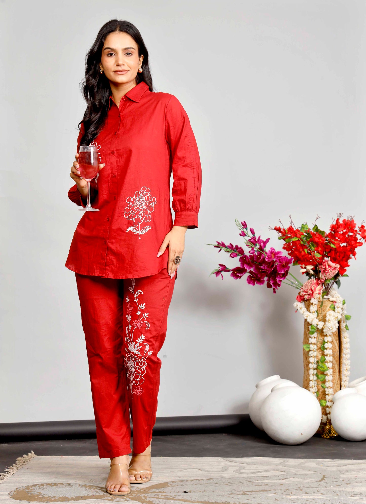 Red Co-ord Set with White Floral Embroidery – Cotton Casual Shirt & Pant Set for Women