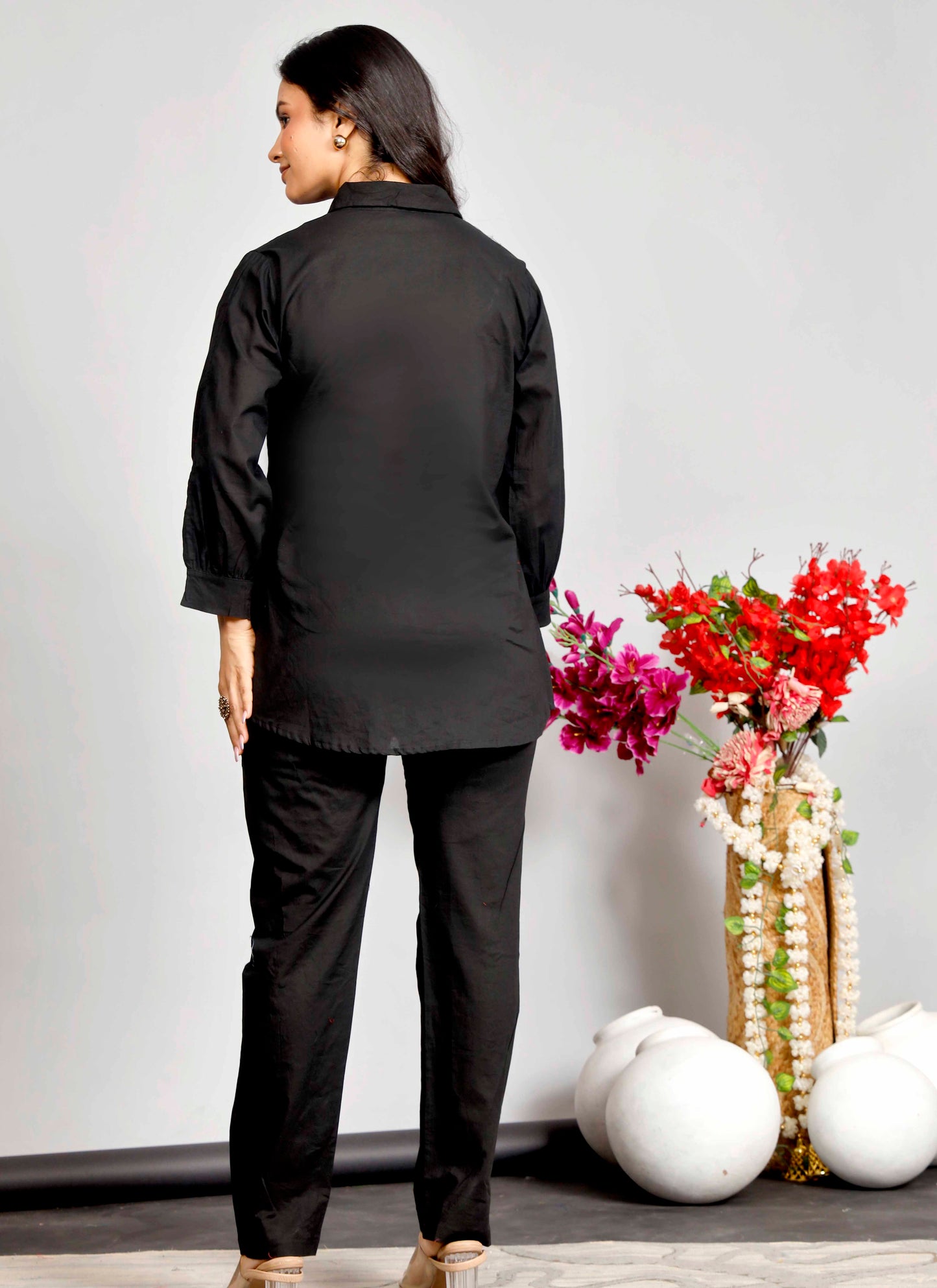 Black Co-ord Set with White & Red Floral Embroidery – Cotton Shirt and Pant Set for Women