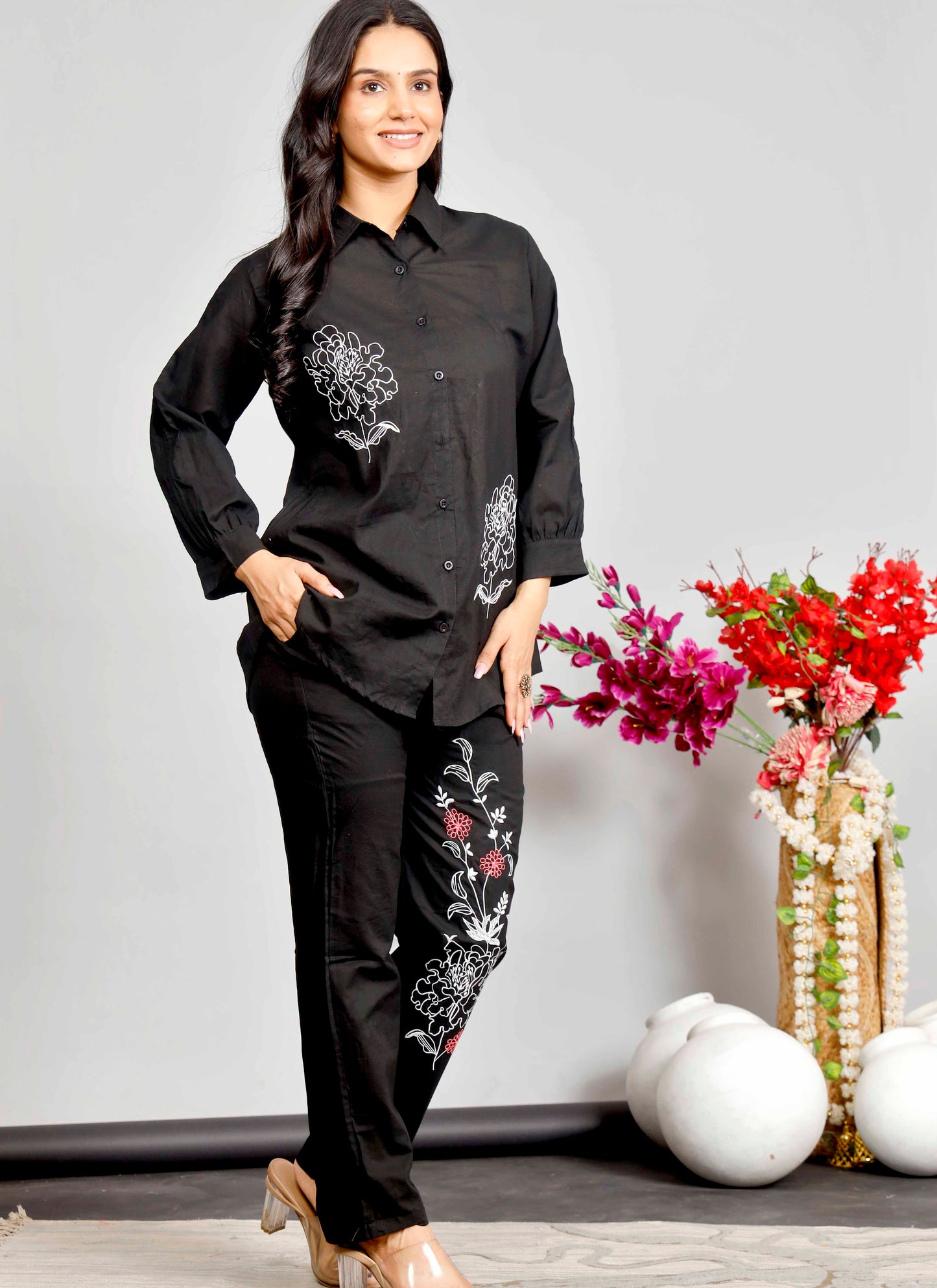 Black Co-ord Set with White & Red Floral Embroidery – Cotton Shirt and Pant Set for Women