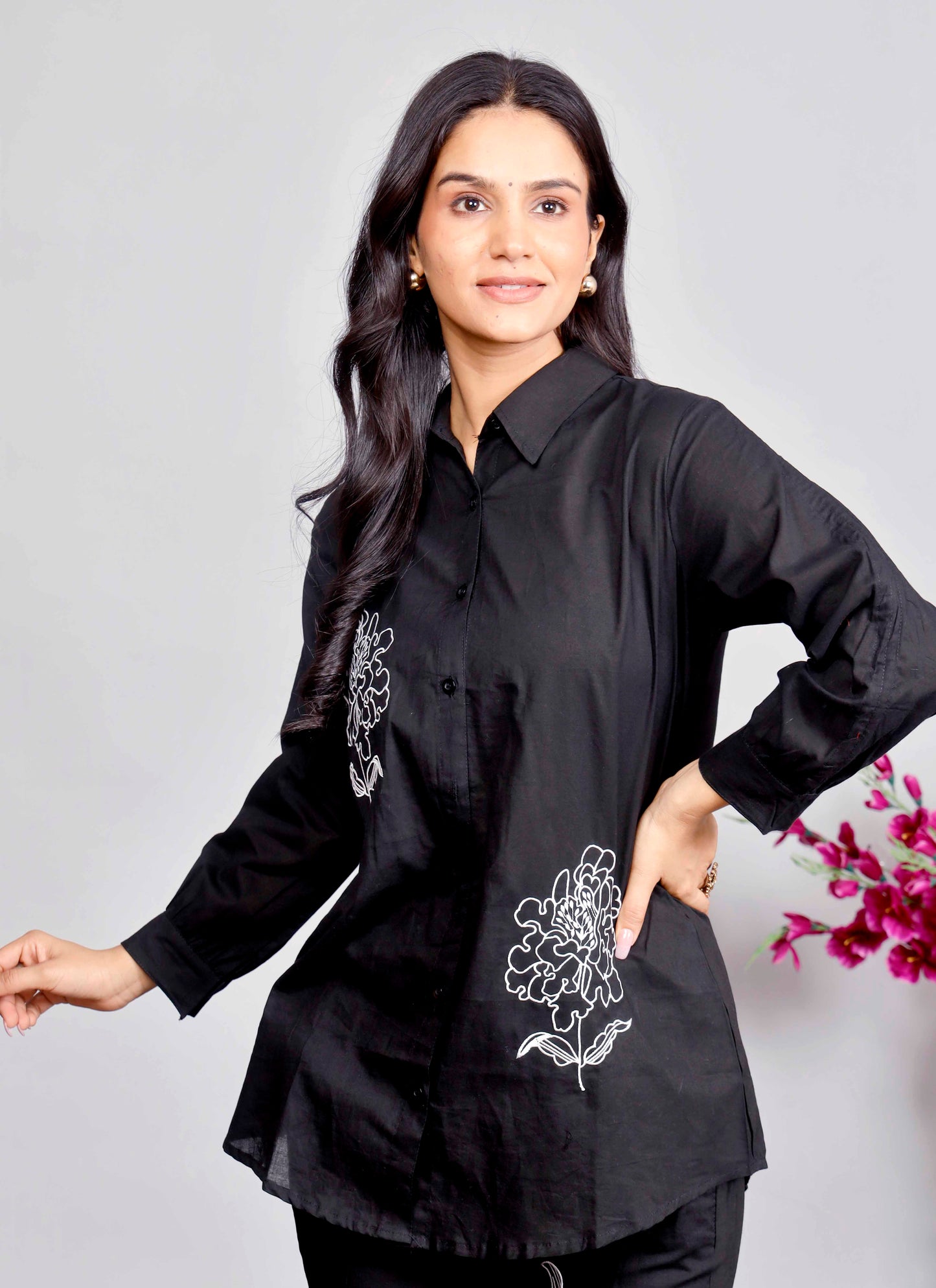 Black Co-ord Set with White & Red Floral Embroidery – Cotton Shirt and Pant Set for Women
