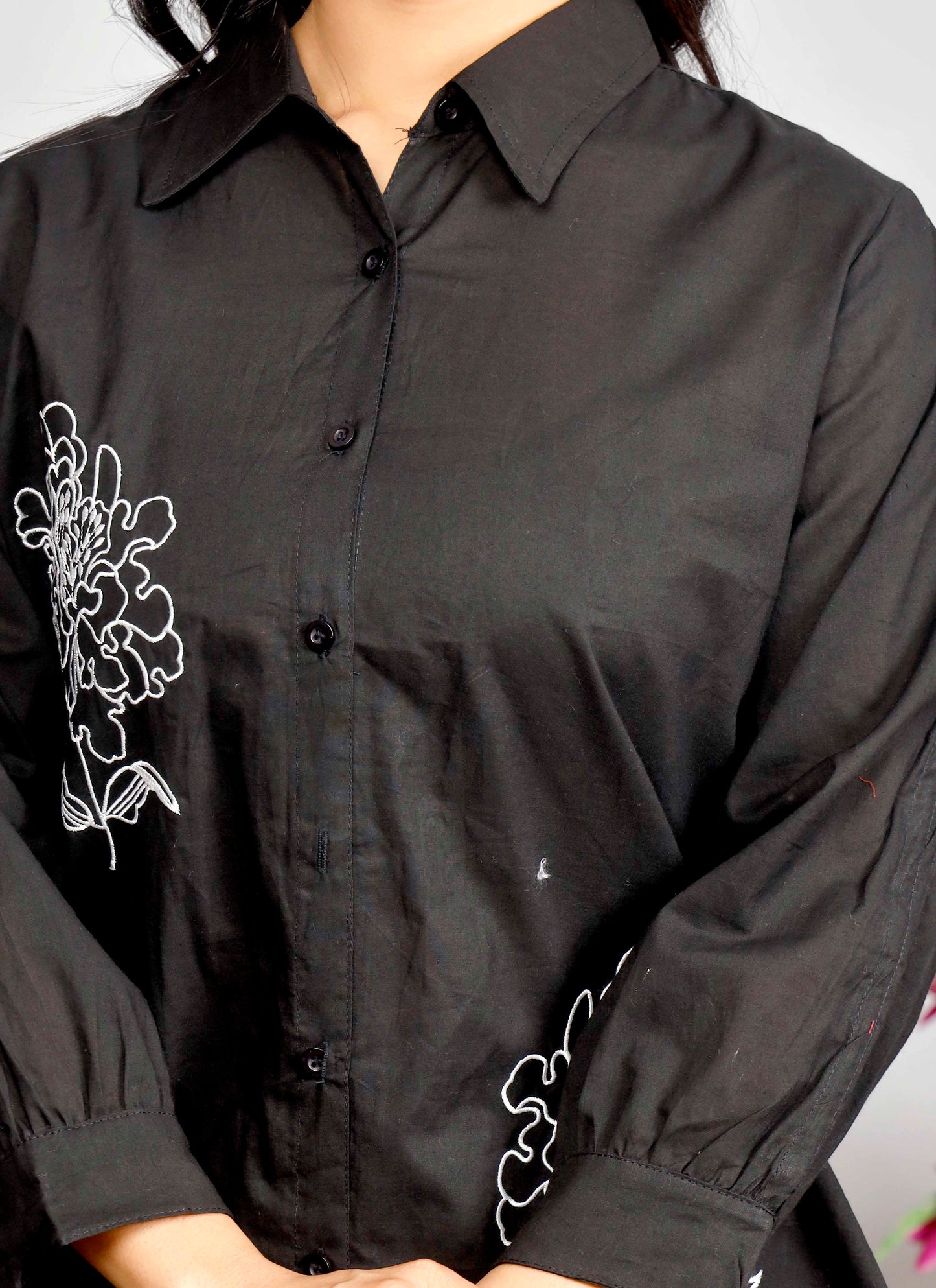 Black Co-ord Set with White & Red Floral Embroidery – Cotton Shirt and Pant Set for Women