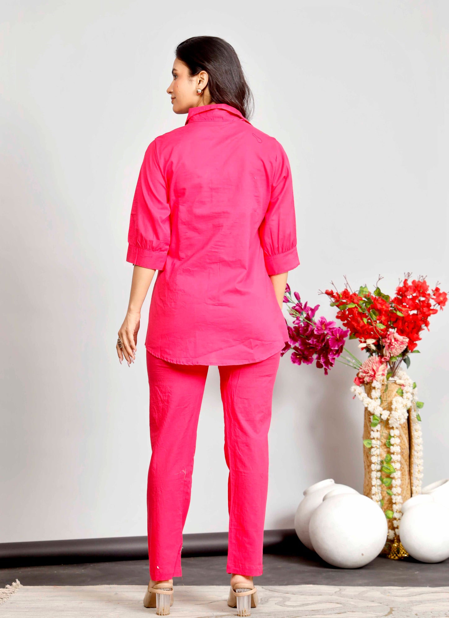 Pink Embroidered Co-ord Set – Cotton Shirt & Pant Set with White Floral Design