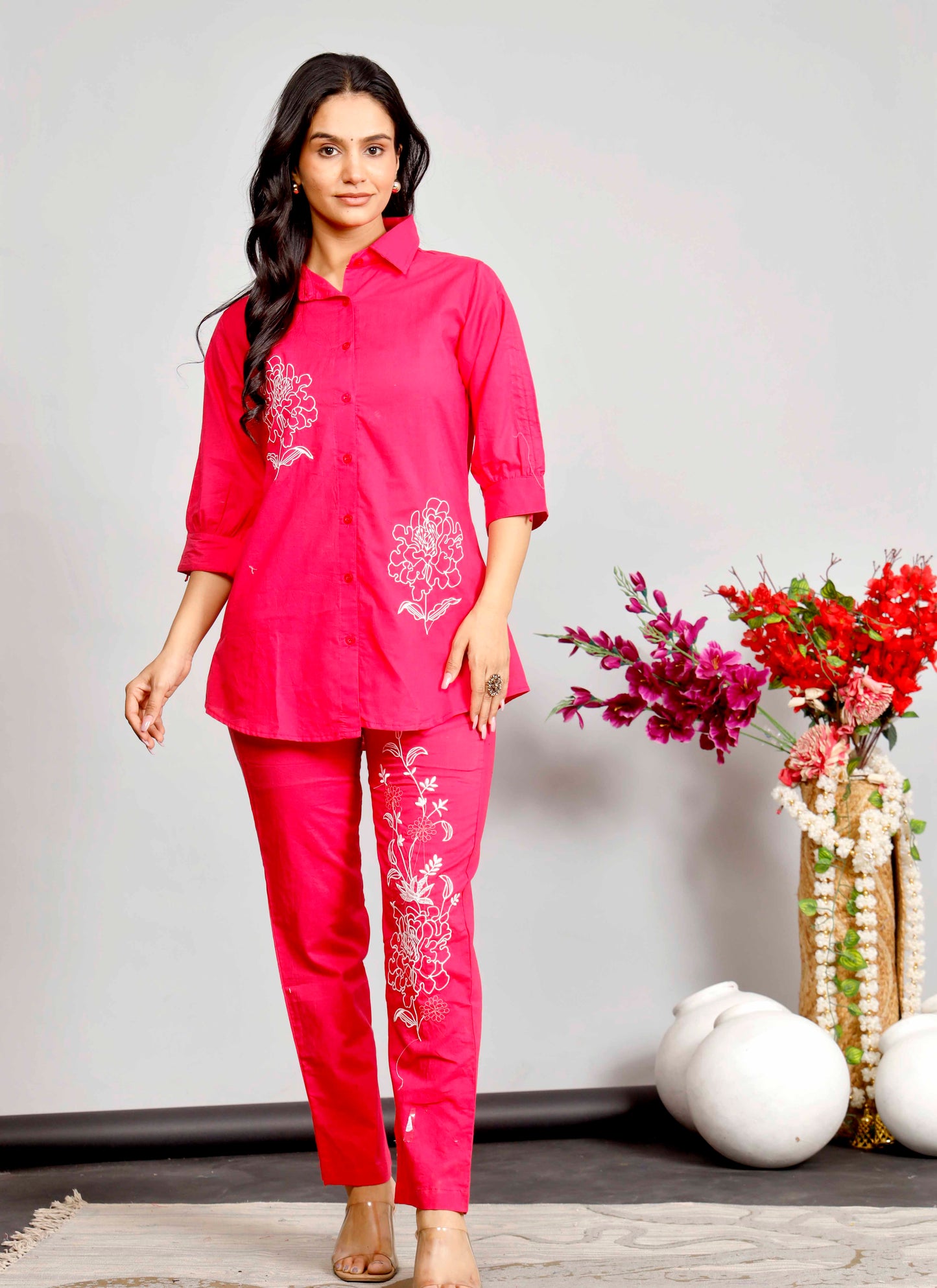 Pink Embroidered Co-ord Set – Cotton Shirt & Pant Set with White Floral Design