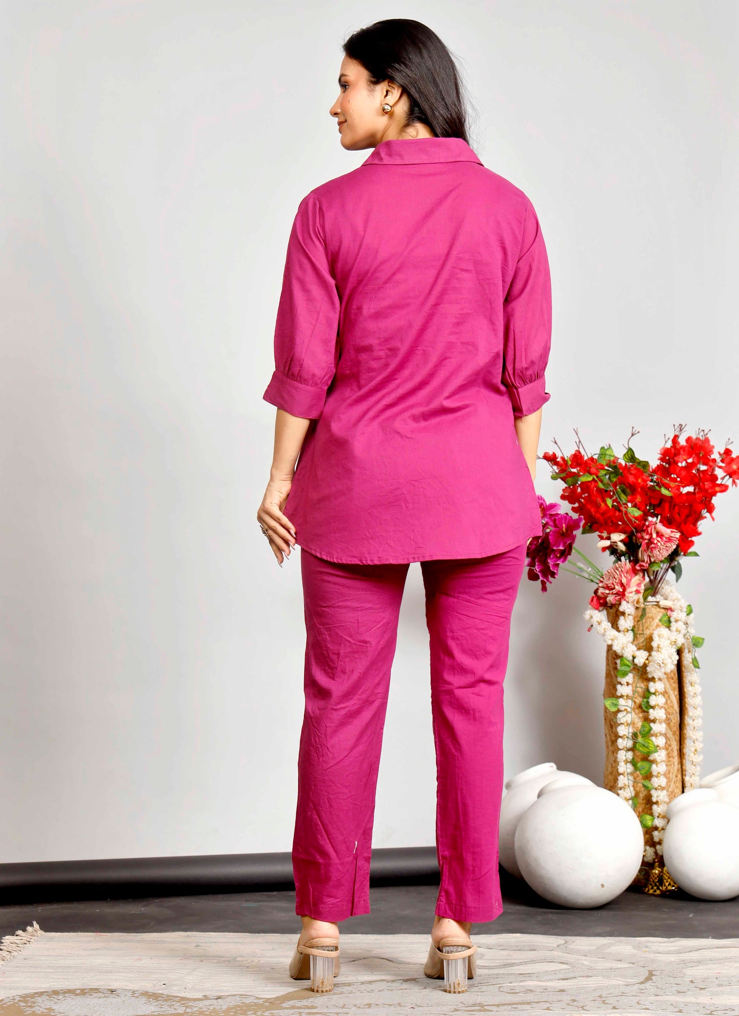 Magenta Cotton Co-ord Set with White and Red Floral Embroidery – Stylish Shirt & Pant Combo