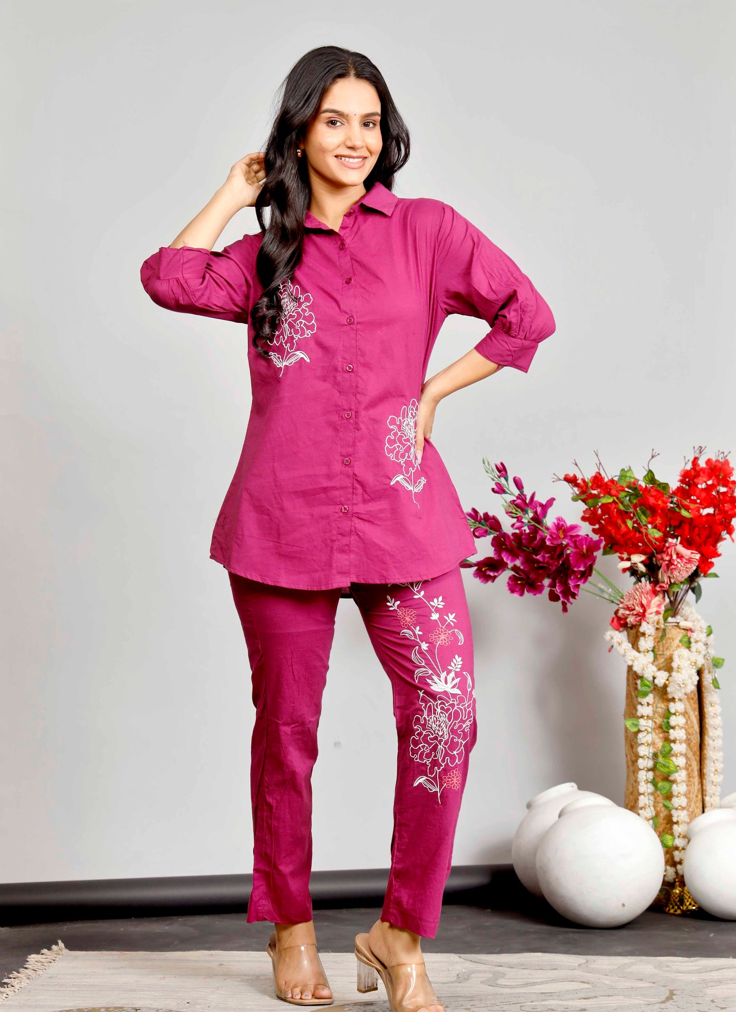 Magenta Cotton Co-ord Set with White and Red Floral Embroidery – Stylish Shirt & Pant Combo