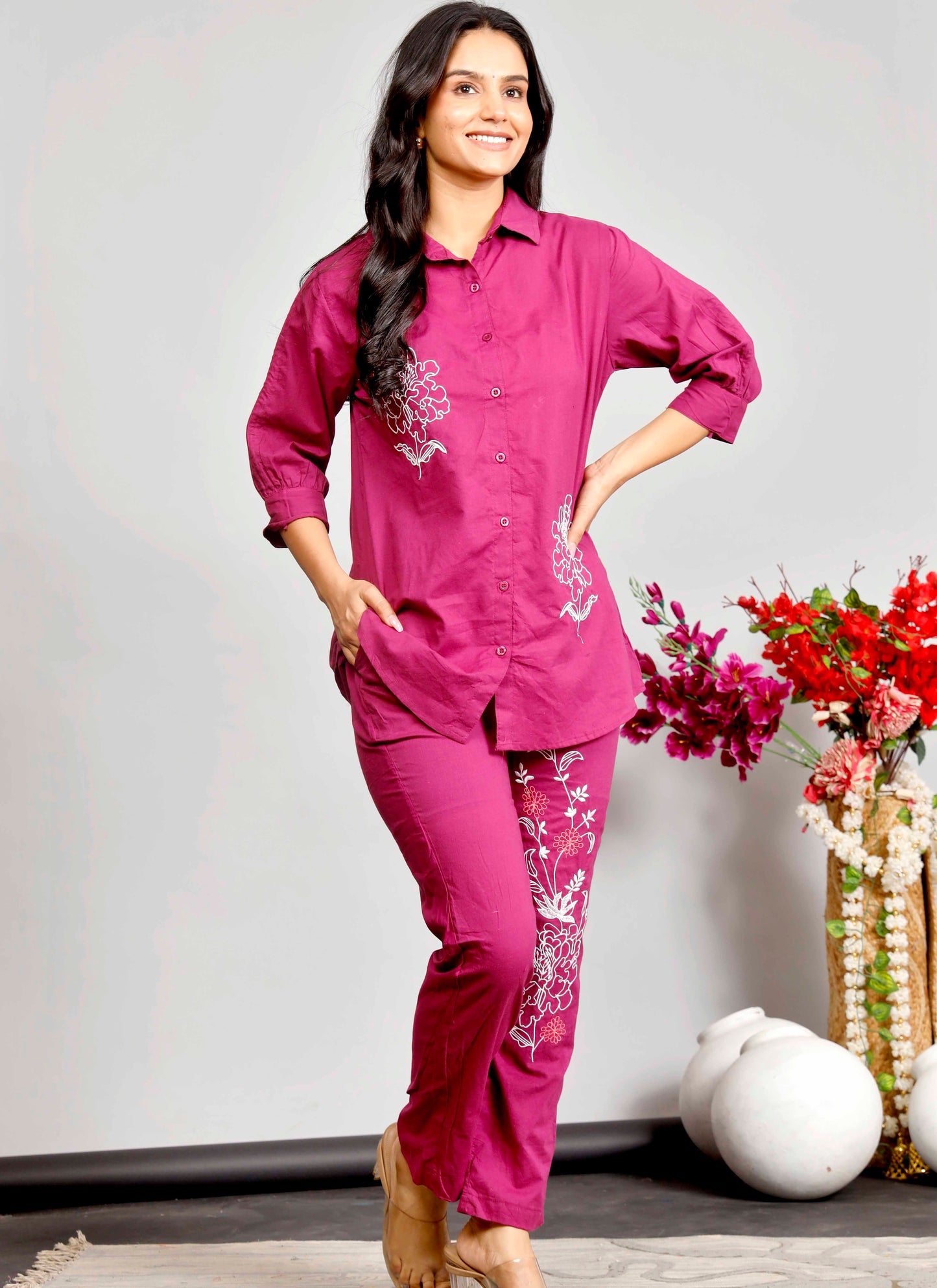 Magenta Cotton Co-ord Set with White and Red Floral Embroidery – Stylish Shirt & Pant Combo