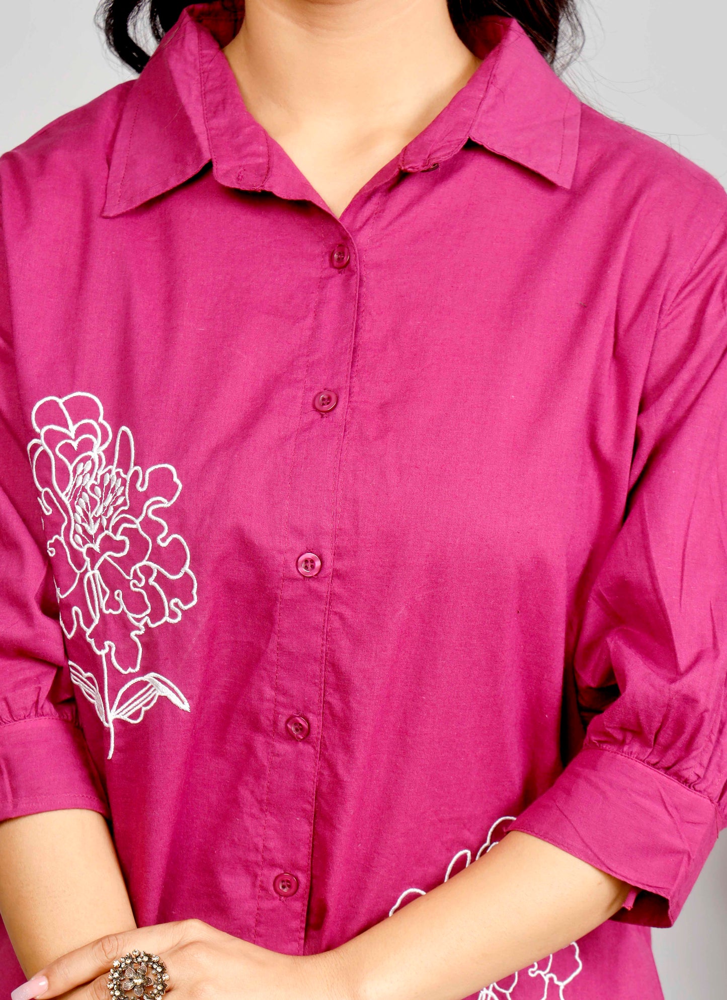 Magenta Cotton Co-ord Set with White and Red Floral Embroidery – Stylish Shirt & Pant Combo