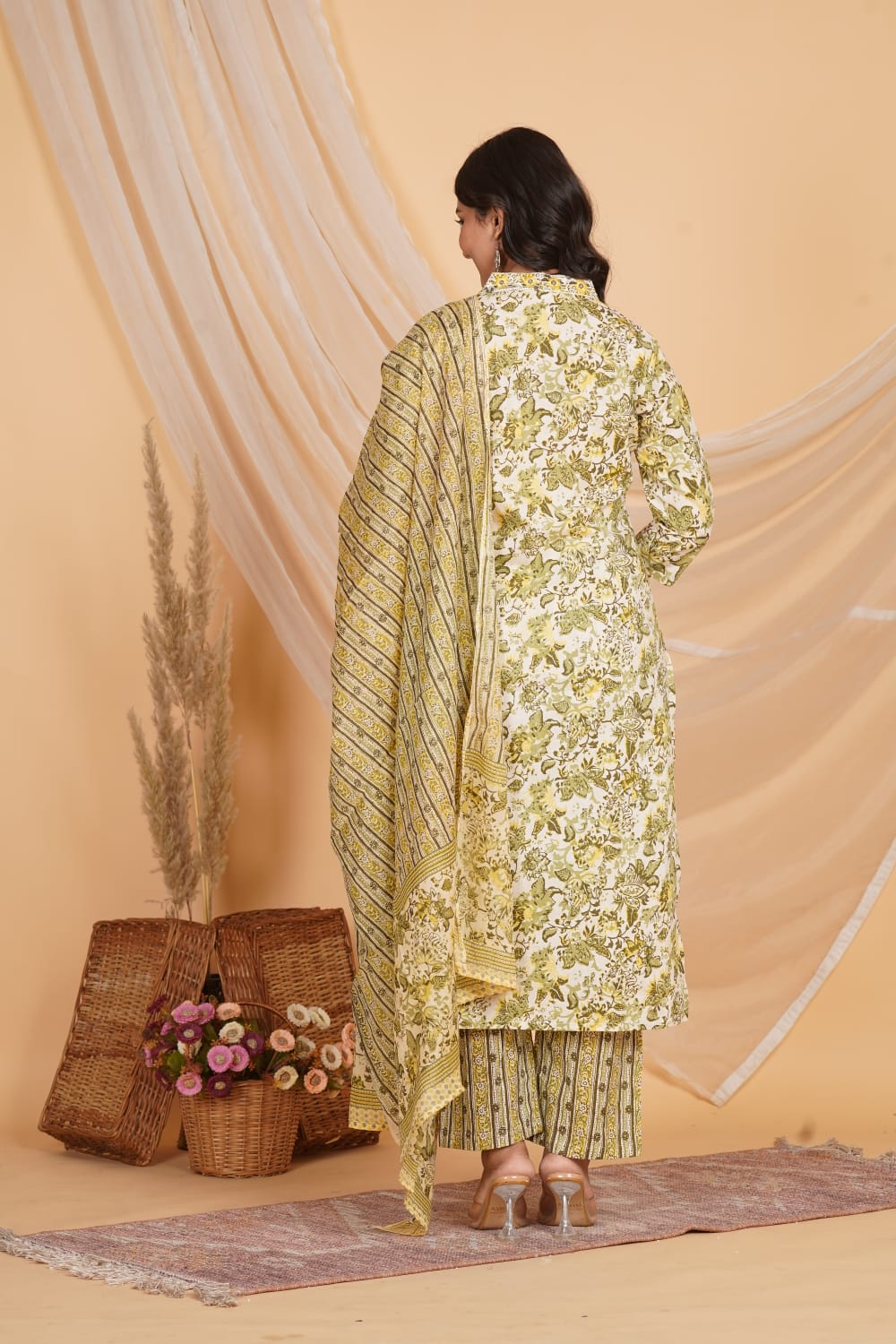 YELLOW AND GREEN PRINTED EMBROIDERED 3 PC