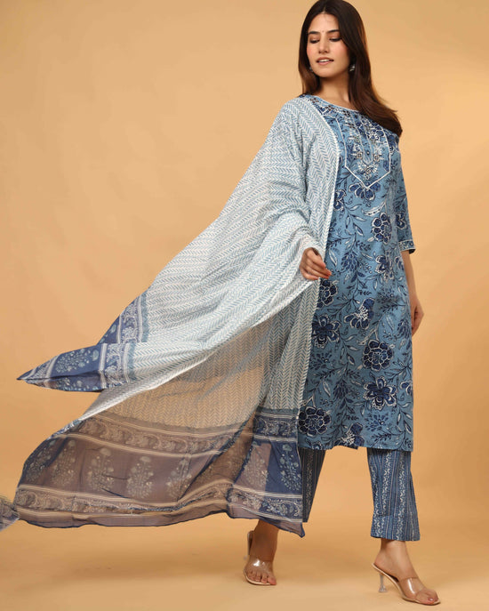 BLUE EMBROIDERED 3 PC