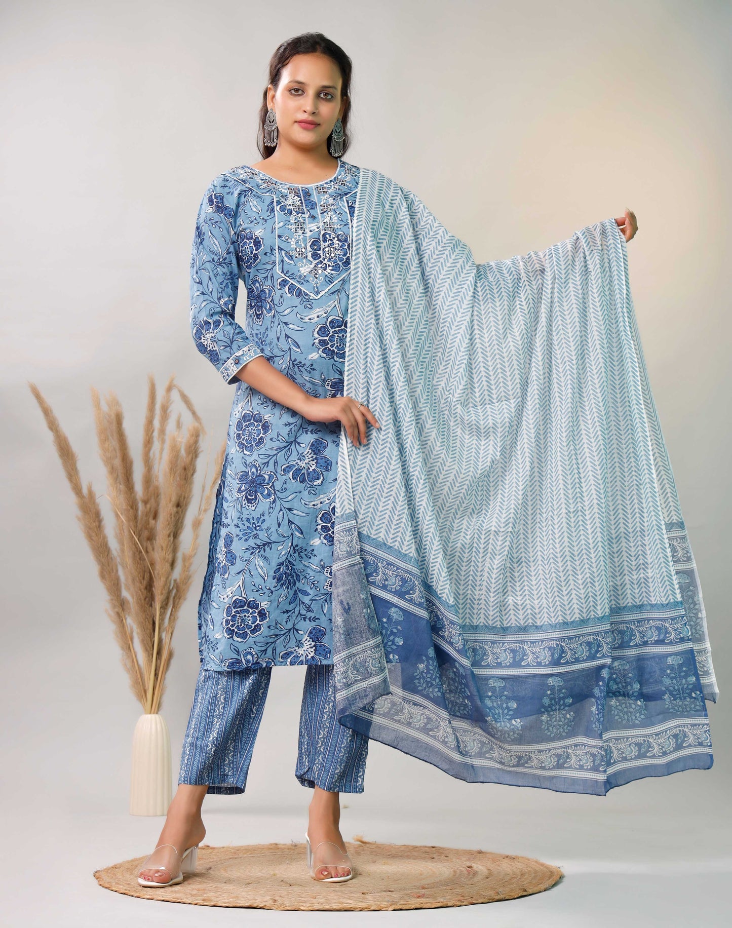 BLUE EMBROIDERED 3 PC