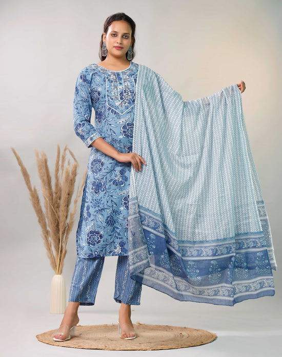 BLUE EMBROIDERED 3 PC