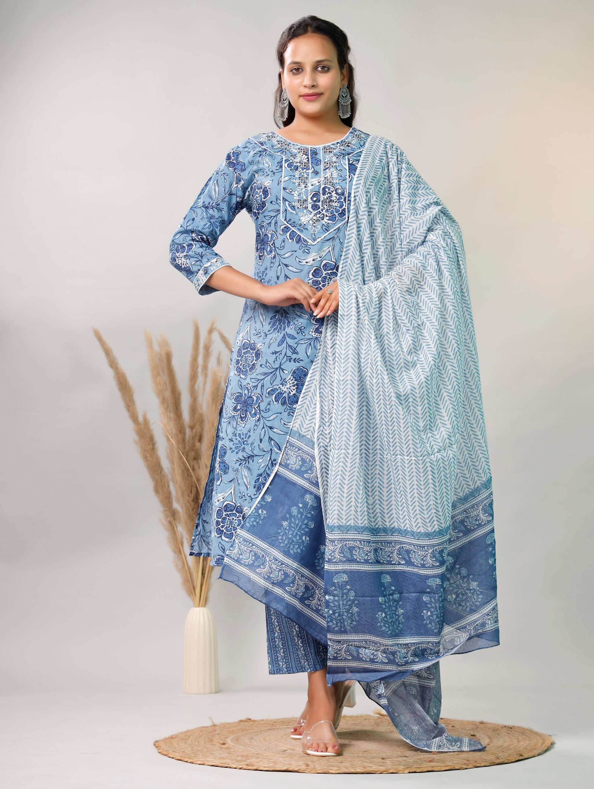 BLUE EMBROIDERED 3 PC