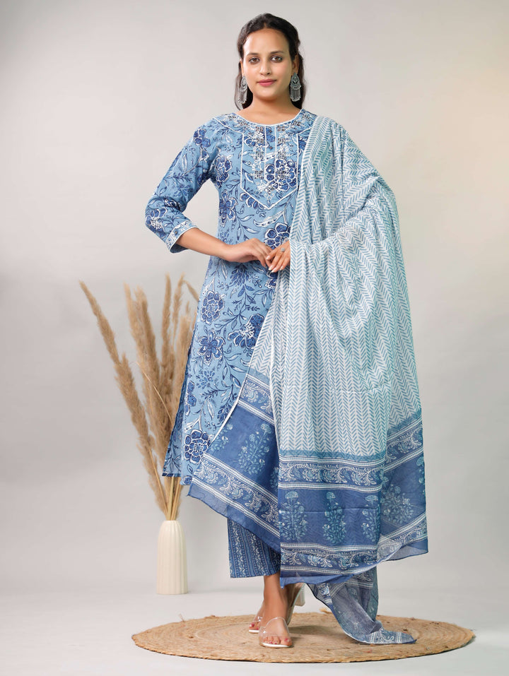 BLUE EMBROIDERED 3 PC