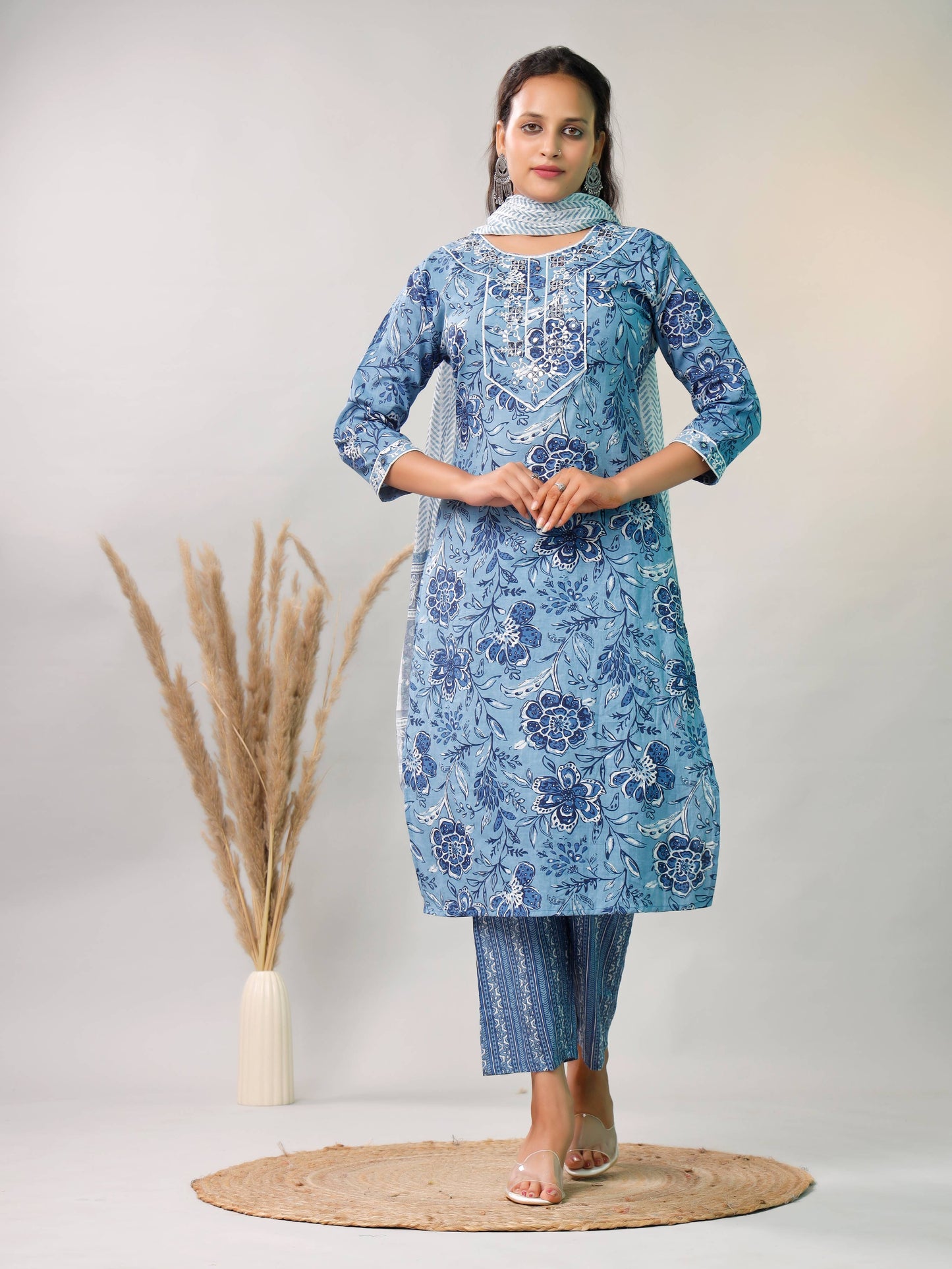 BLUE EMBROIDERED 3 PC