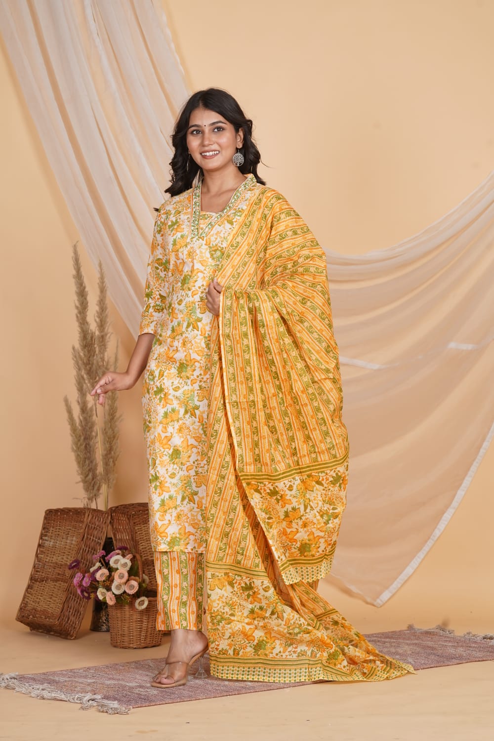 YELLOW PRINTED EMBROIDERED NECK 3 PC
