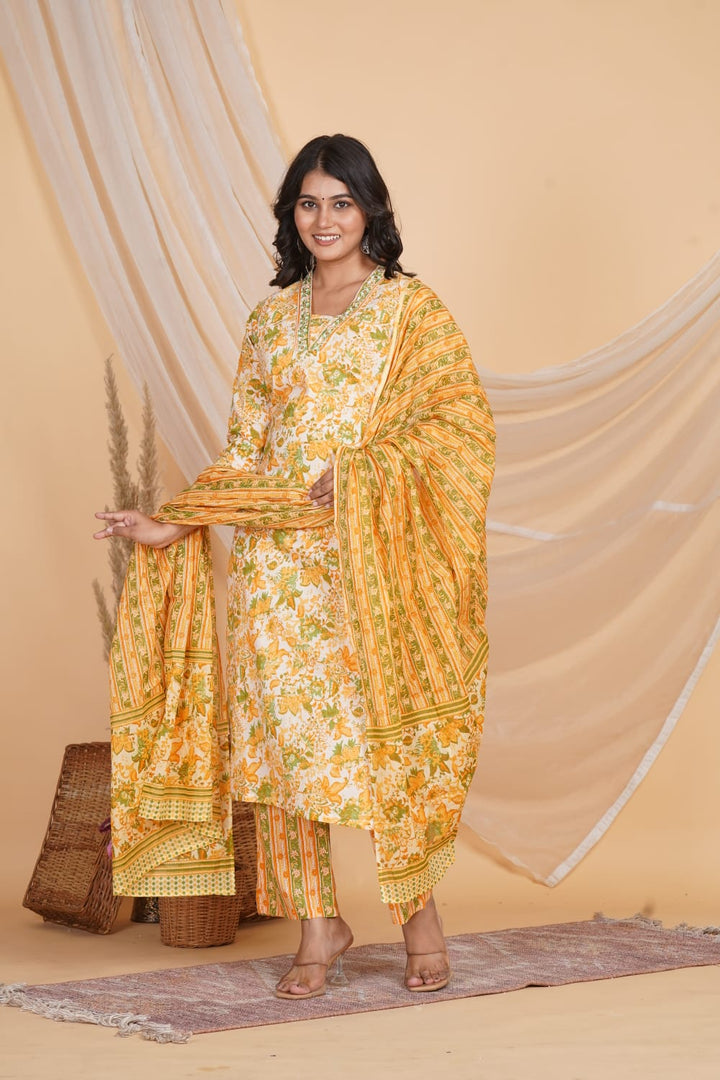 YELLOW PRINTED EMBROIDERED NECK 3 PC