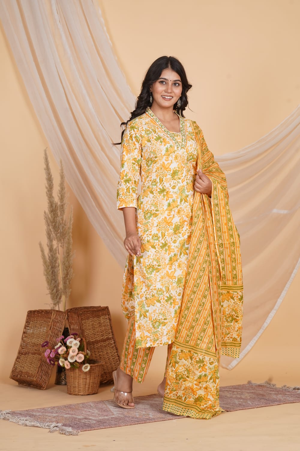 YELLOW PRINTED EMBROIDERED NECK 3 PC
