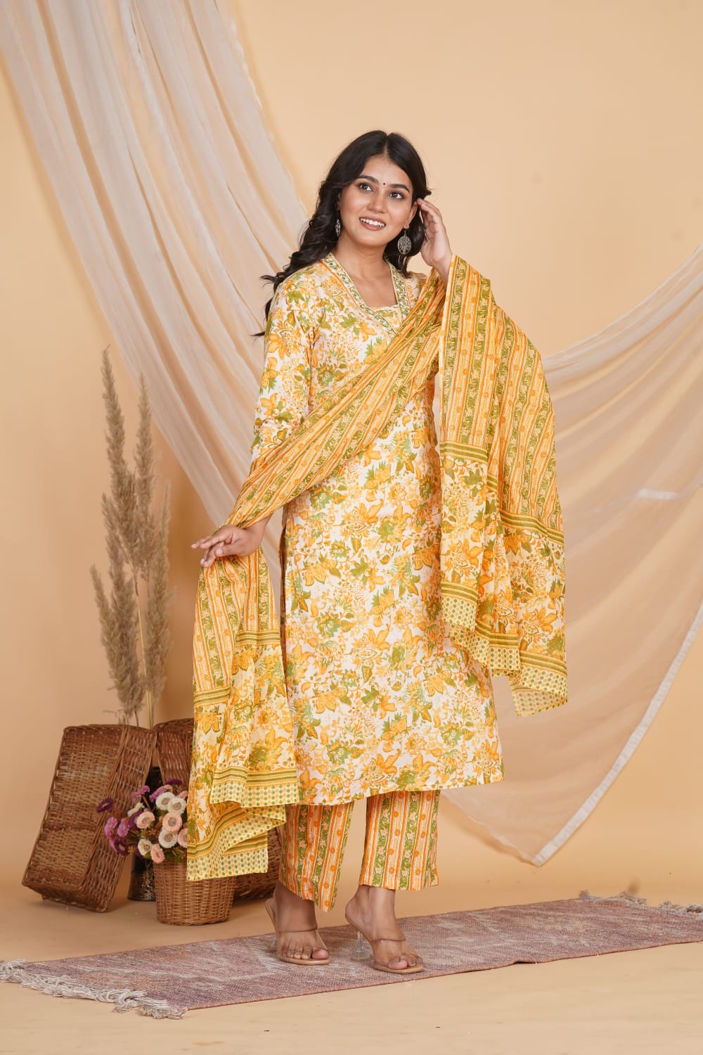 YELLOW PRINTED EMBROIDERED NECK 3 PC