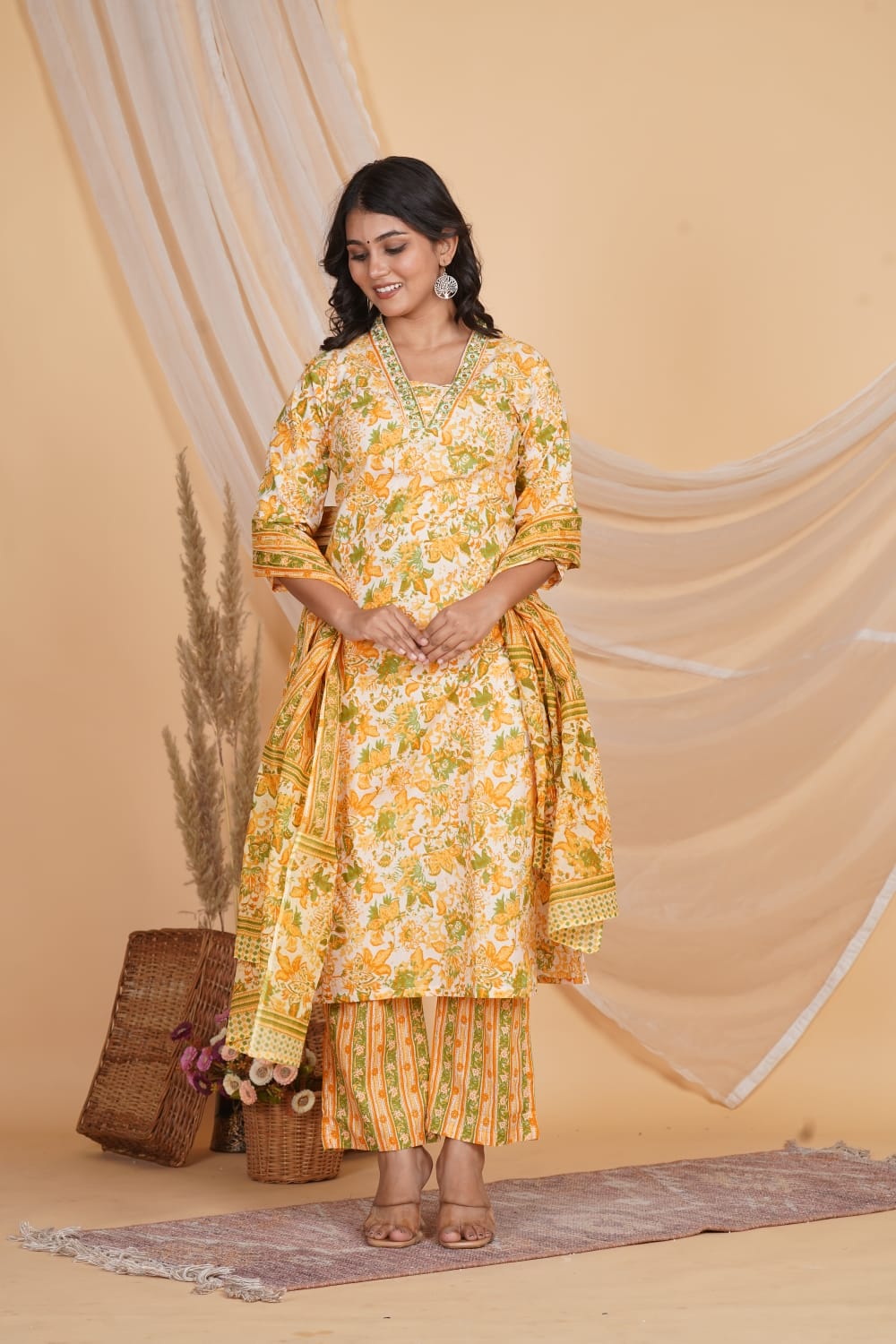 YELLOW PRINTED EMBROIDERED NECK 3 PC