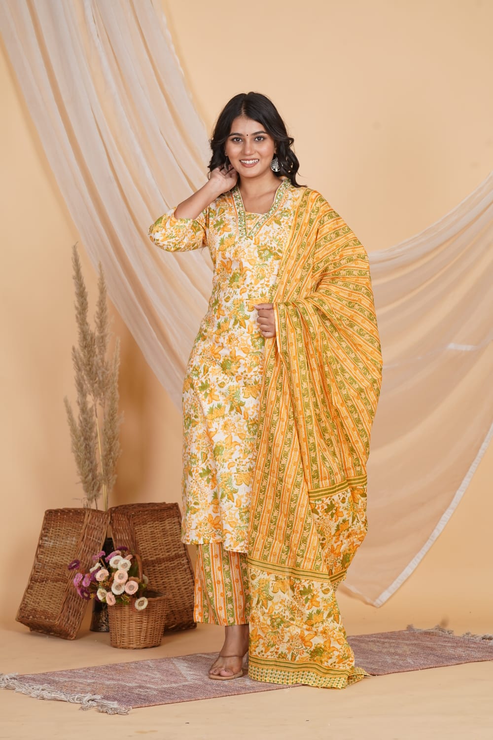 YELLOW PRINTED EMBROIDERED NECK 3 PC