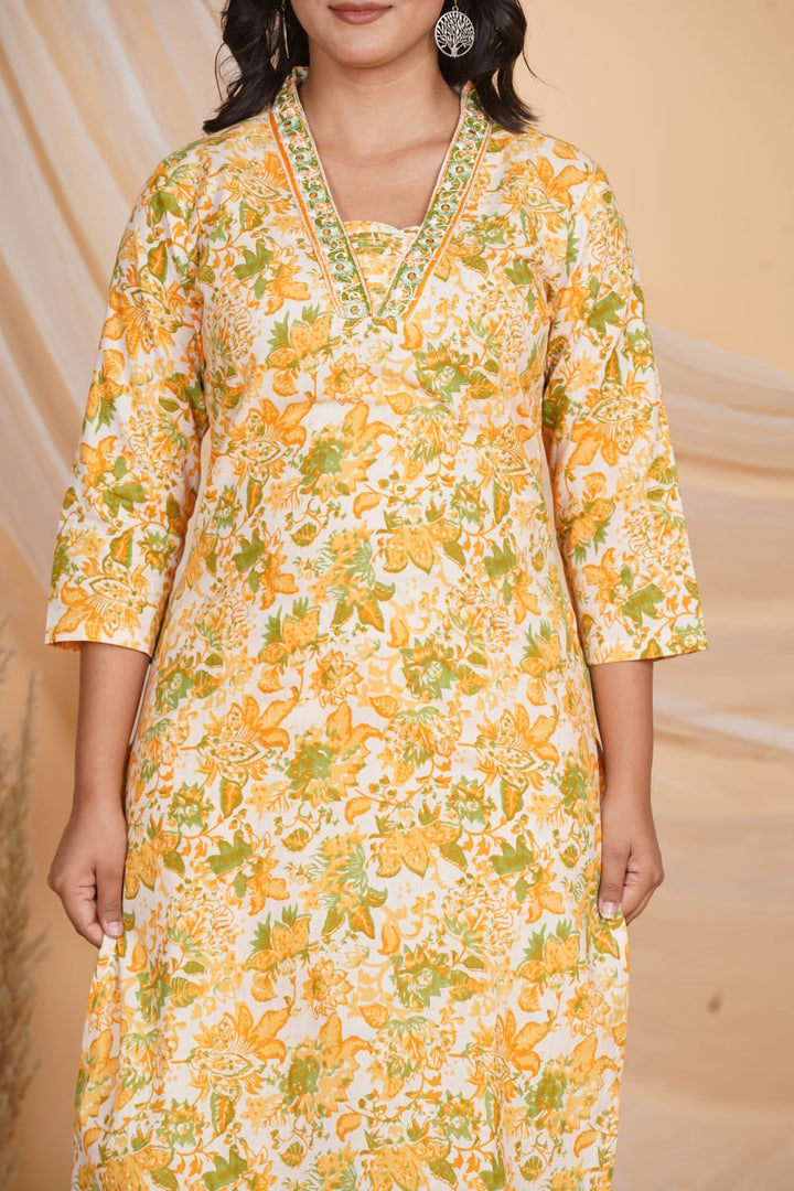 YELLOW PRINTED EMBROIDERED NECK 3 PC