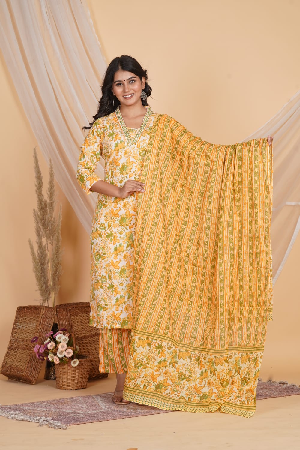 YELLOW PRINTED EMBROIDERED NECK 3 PC