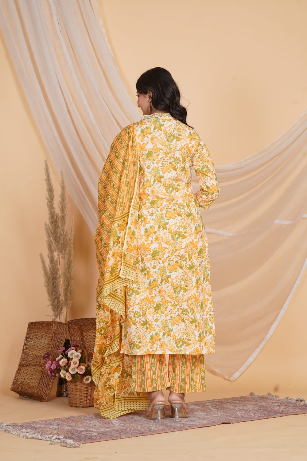 YELLOW PRINTED EMBROIDERED NECK 3 PC