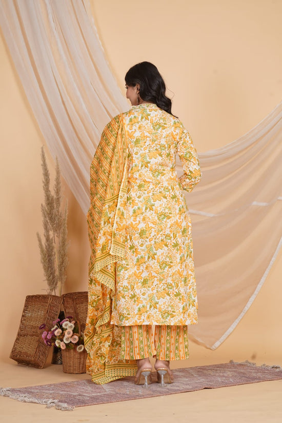 YELLOW PRINTED EMBROIDERED NECK 3 PC