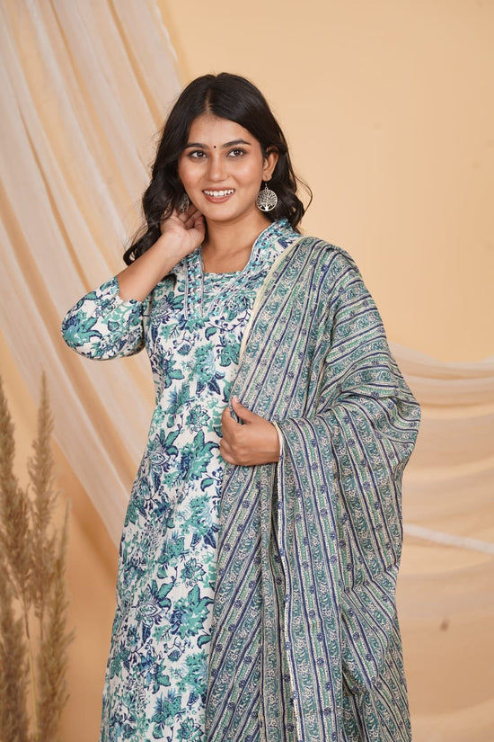 BLUE PRINTED EMBROIDERED NECK 3 PC